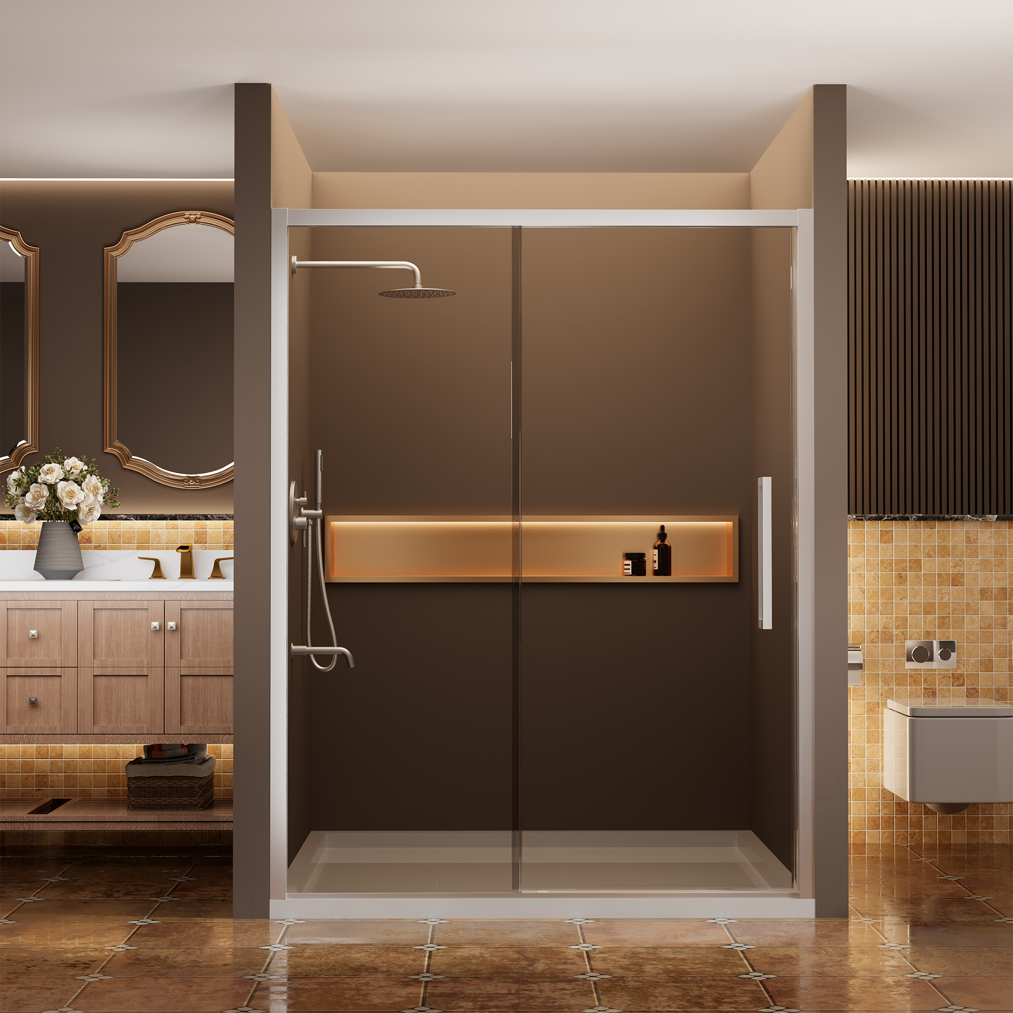 60"x76" Framed Shower Door with Cushioned Single Slide in Brushed Nickel/Chromed/Matte Black, SGCC-certified Tempered Shower Glass