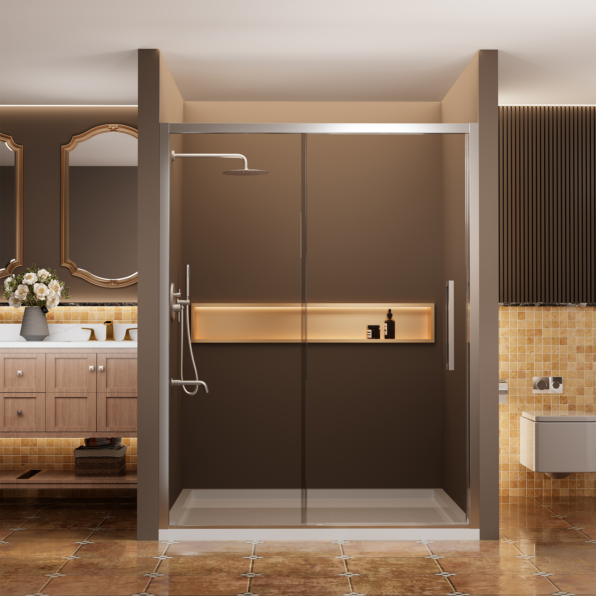 60"x76" Framed Shower Door with Cushioned Single Slide in Brushed Nickel/Chromed/Matte Black, SGCC-certified Tempered Shower Glass