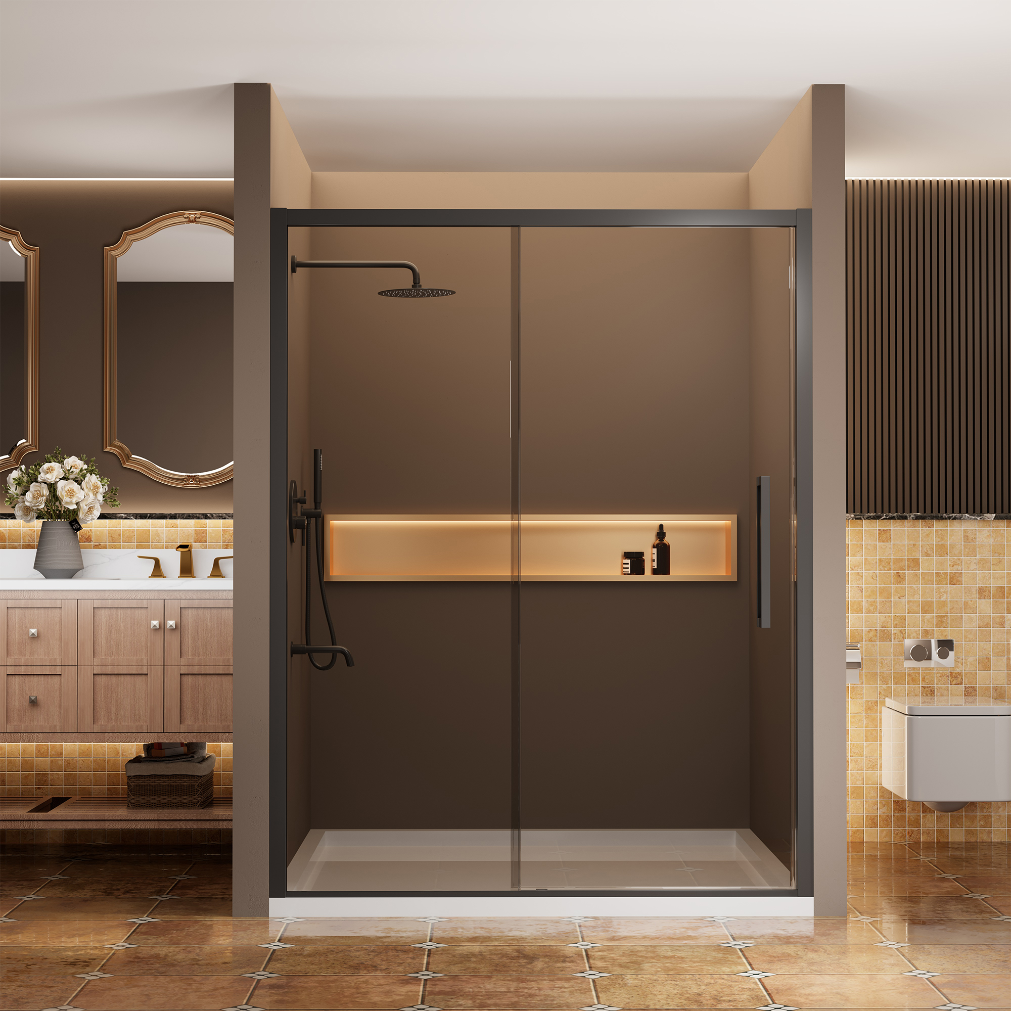 60"x76" Framed Shower Door with Cushioned Single Slide in Brushed Nickel/Chromed/Matte Black, SGCC-certified Tempered Shower Glass