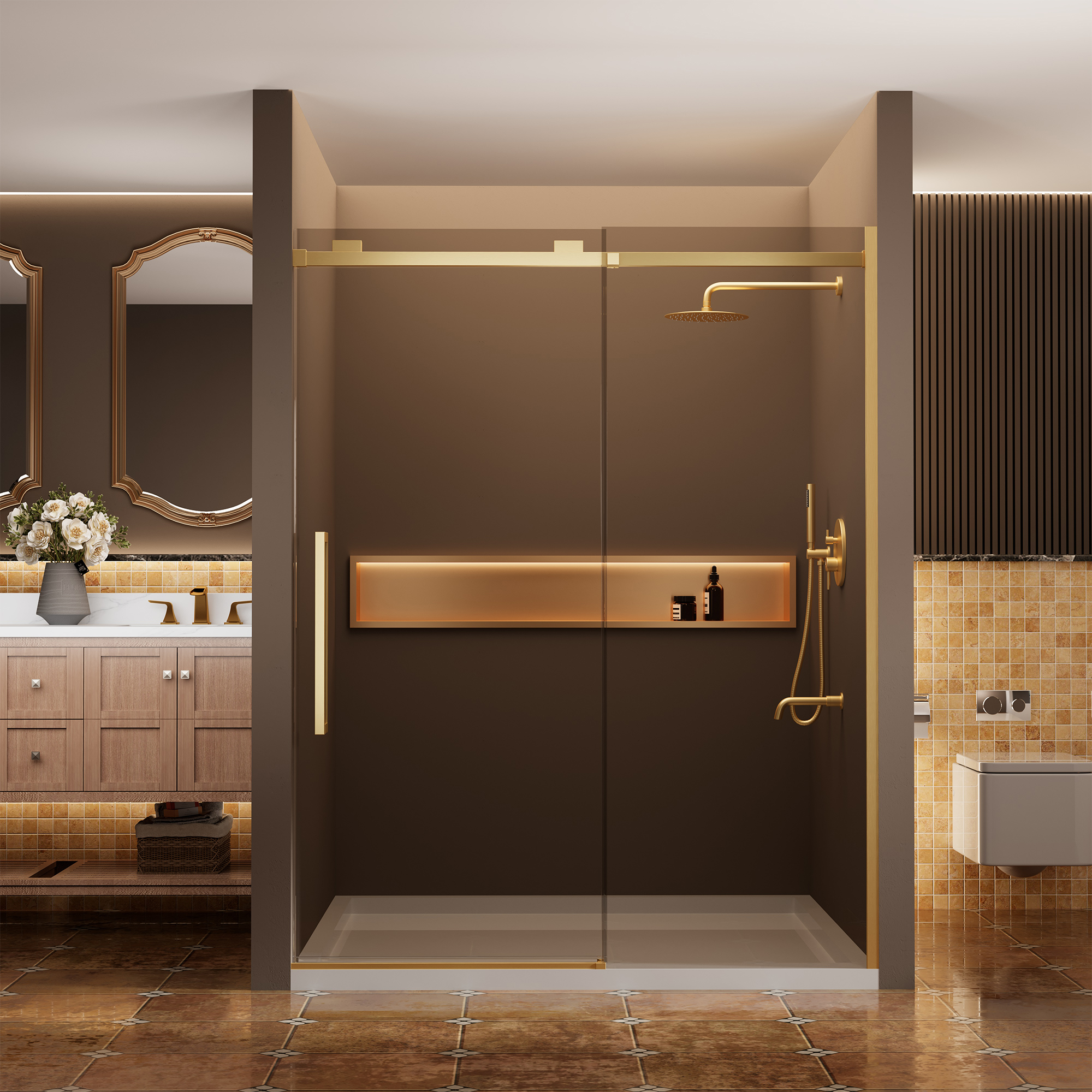 60"x76" Frameless Shower Door with Cushioned Single Slide in Brushed Nickel/Chromed/Matte Black/Brushed Gold, SGCC-certified Tempered Shower Glass