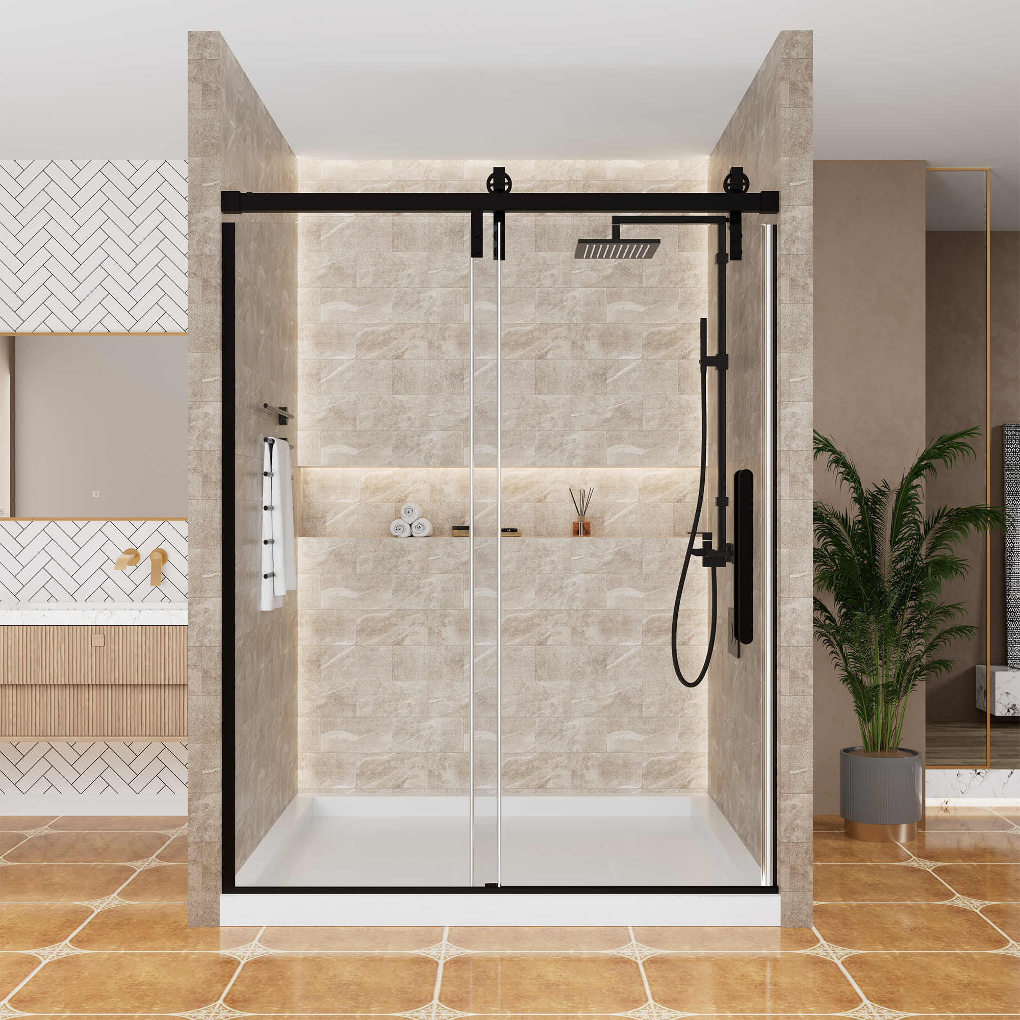 60.6  in. W x 76 in. H Framed Shower Door in Matte Black with Tempered Glass
