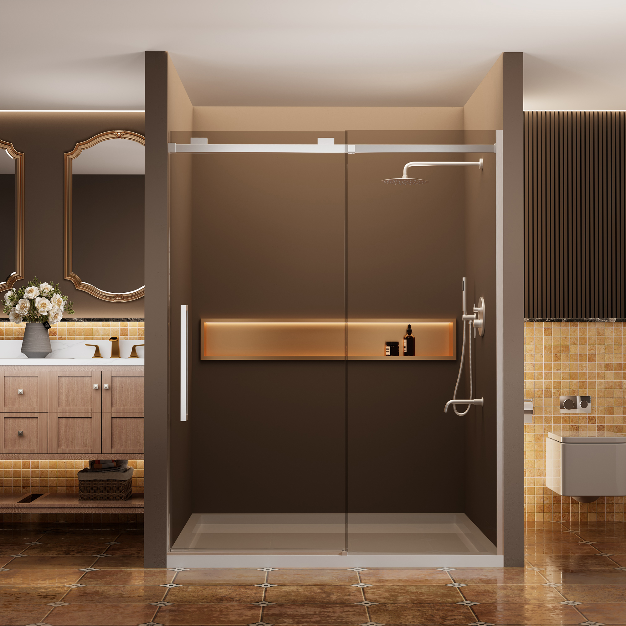 60"x76" Frameless Shower Door with Cushioned Single Slide in Brushed Nickel/Chromed/Matte Black/Brushed Gold, SGCC-certified Tempered Shower Glass