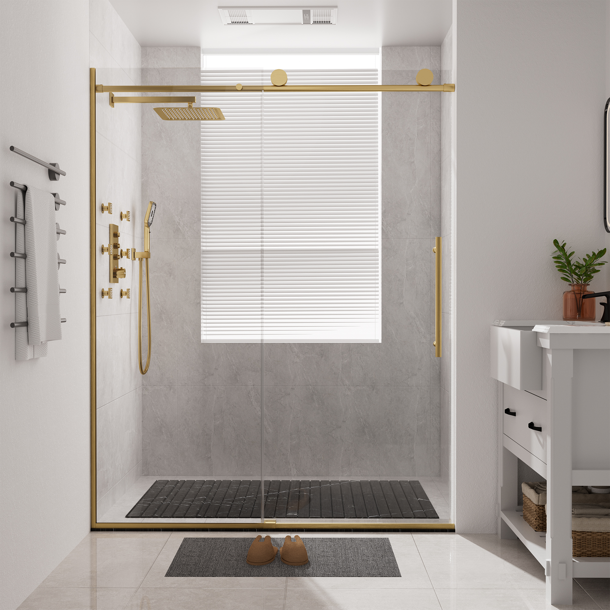 60"x76" Frameless Laminated Layer Glass Shower Door with Cushioned Single Slide Enclosure in Chrome/Brushed Gold