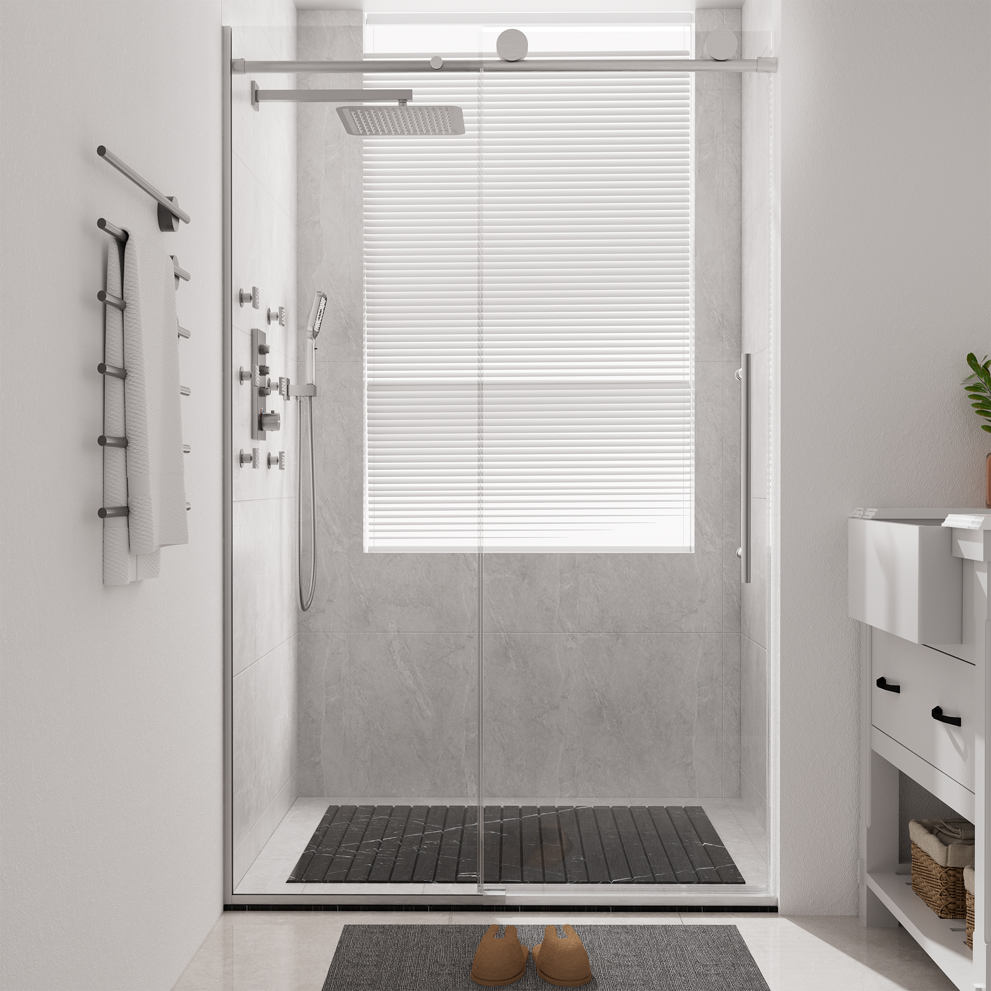 48"x76" Frameless Shower Door with Cushioned Single Slide Shower Enclosure in Brushed Nickel/Chrome/Matte Black/Brushed Gold