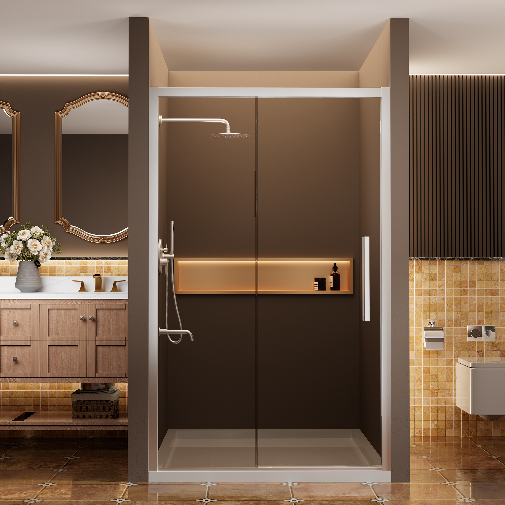 48"x76" Framed Shower Door with Cushioned Single Slide in Brushed Nickel/Chromed/Matte Black, 0.32 inch SGCC-certified Tempered Shower Glass