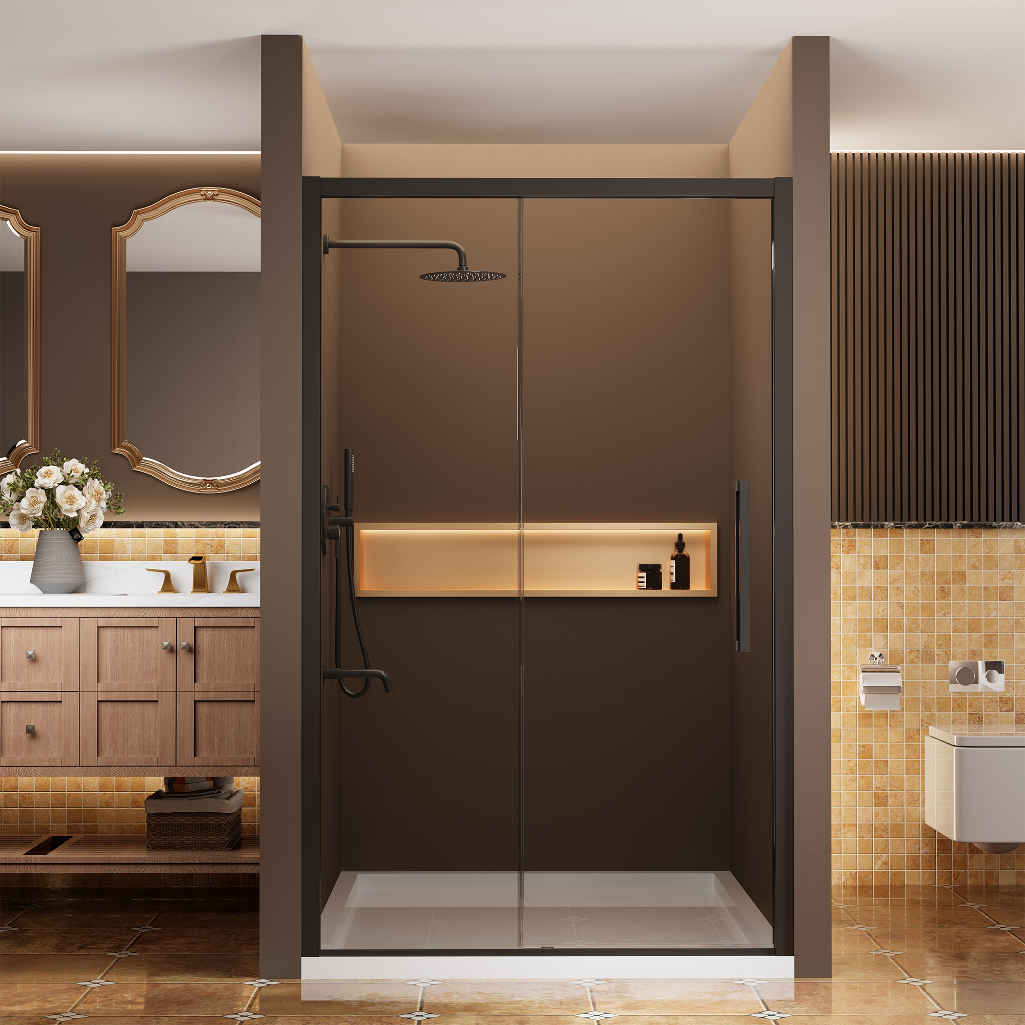 48"x76" Framed Shower Door with Cushioned Single Slide in Brushed Nickel/Chromed/Matte Black, 0.32 inch SGCC-certified Tempered Shower Glass