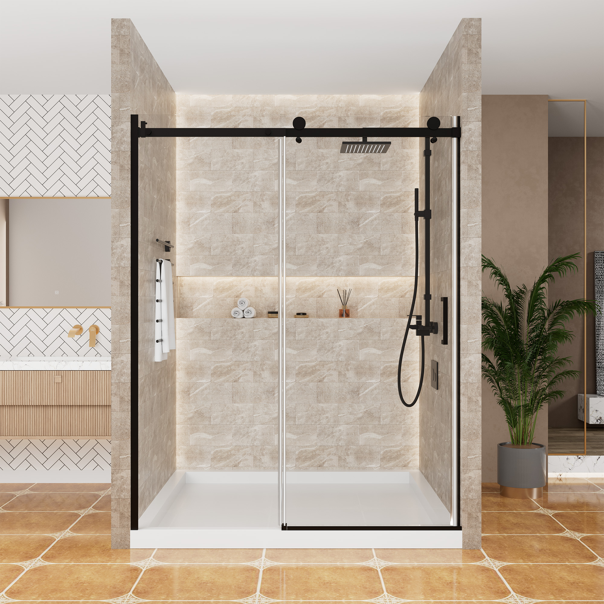 60 in. W x 76 in. H Framed Shower Door in Matte Black with Tempered Glass