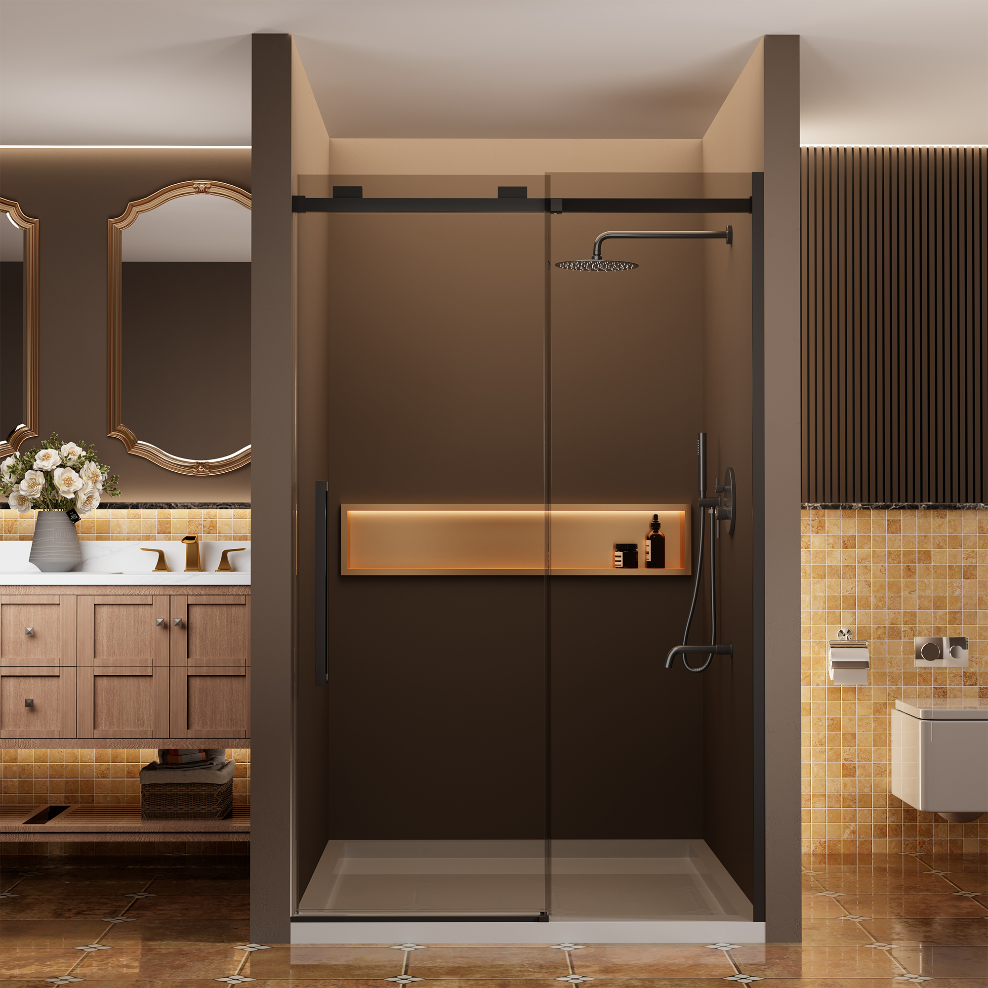 48"x76" Frameless Shower Door with Cushioned Single Slide in Brushed Nickel/Chromed/Matte Black/Brushed Gold, 0.39 inch SGCC-certified Tempered Shower Glass