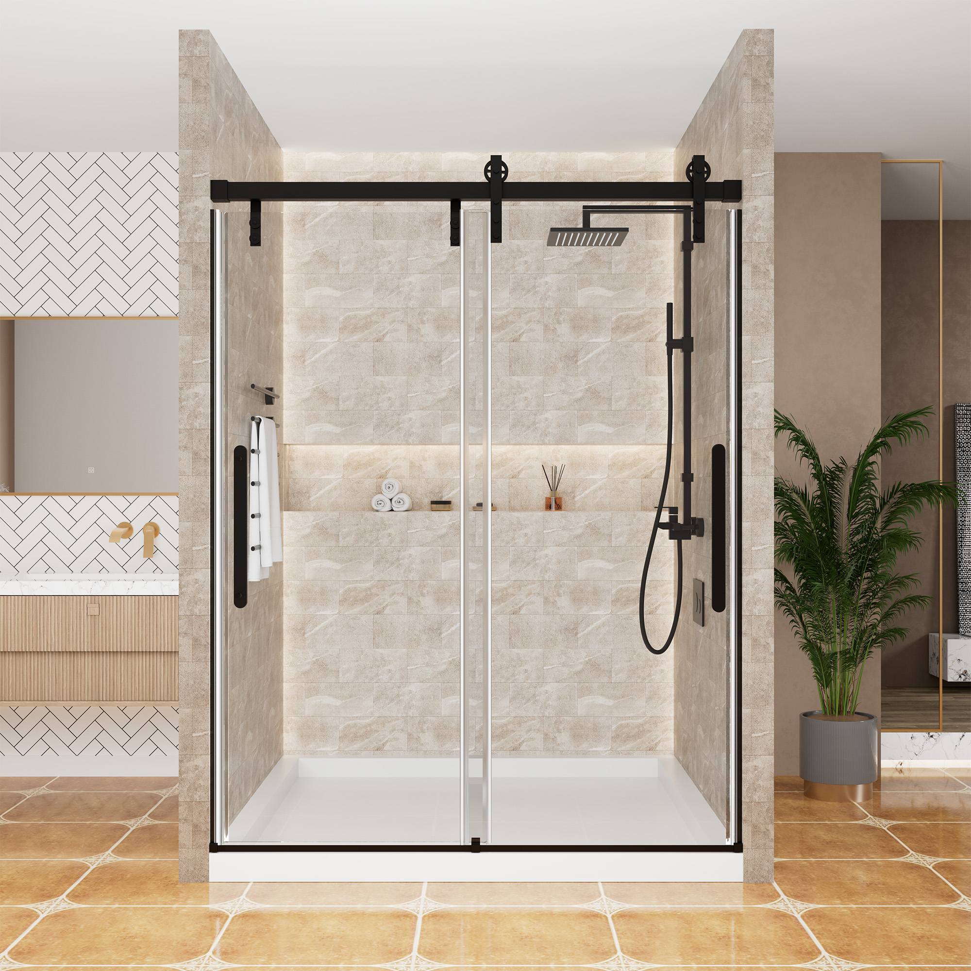 60 in. W x 76 in. H Frameless Shower Door in Matte Black with Tempered Glass