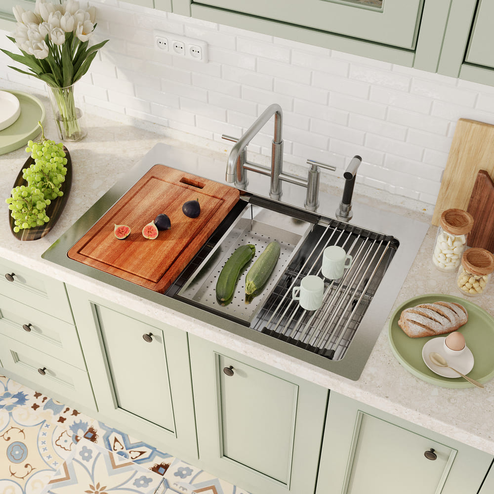 33inch 4-Hole Single Bowl Stainless Steel Drop-in Workstation Kitchen Sink with Accessories