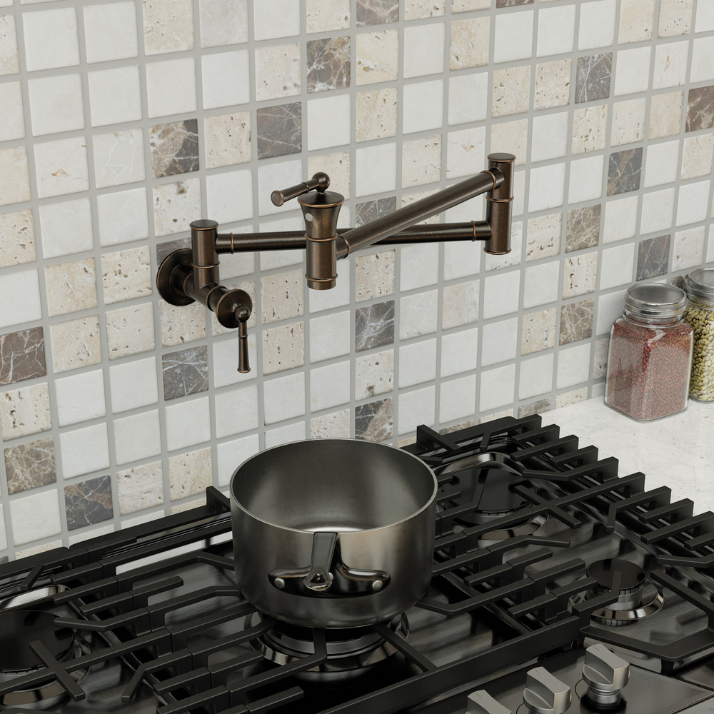 360° Dual-Handle Brass Pot Filler Faucet for Kitchen Wall-Mount Installation