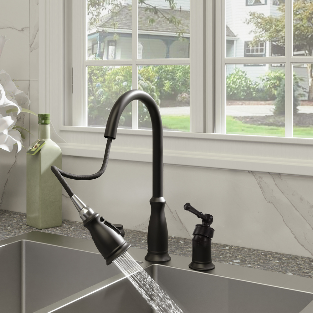 3-Hole Widespread Single-Handle Kitchen Faucet with 360° Swivel and 3-Function Spray