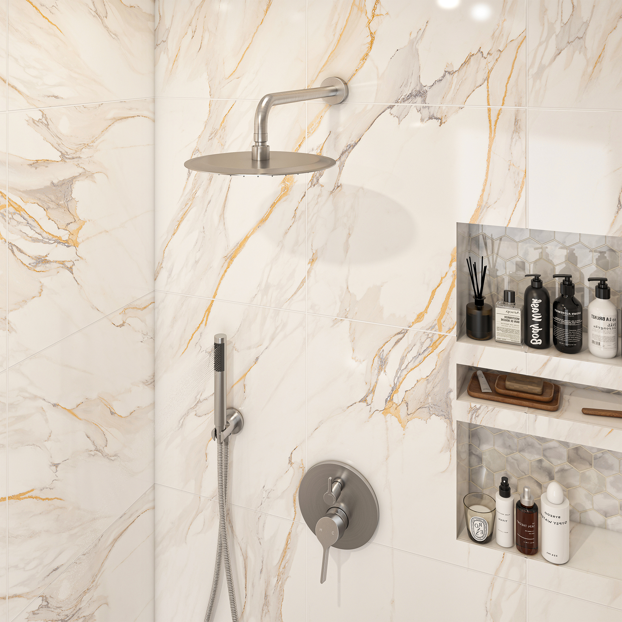 10" Round Shower System with Handheld Brass Showerhead