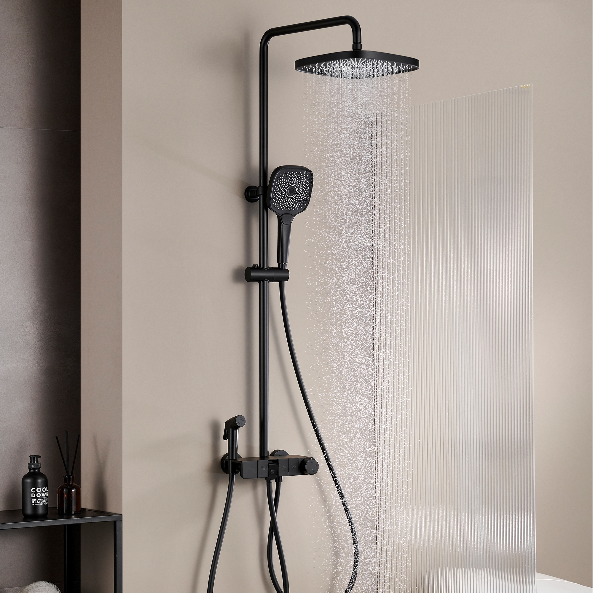 10-inch 4-Function Thermostatic Exposed Shower System with Tub Spout & Handheld Bidet