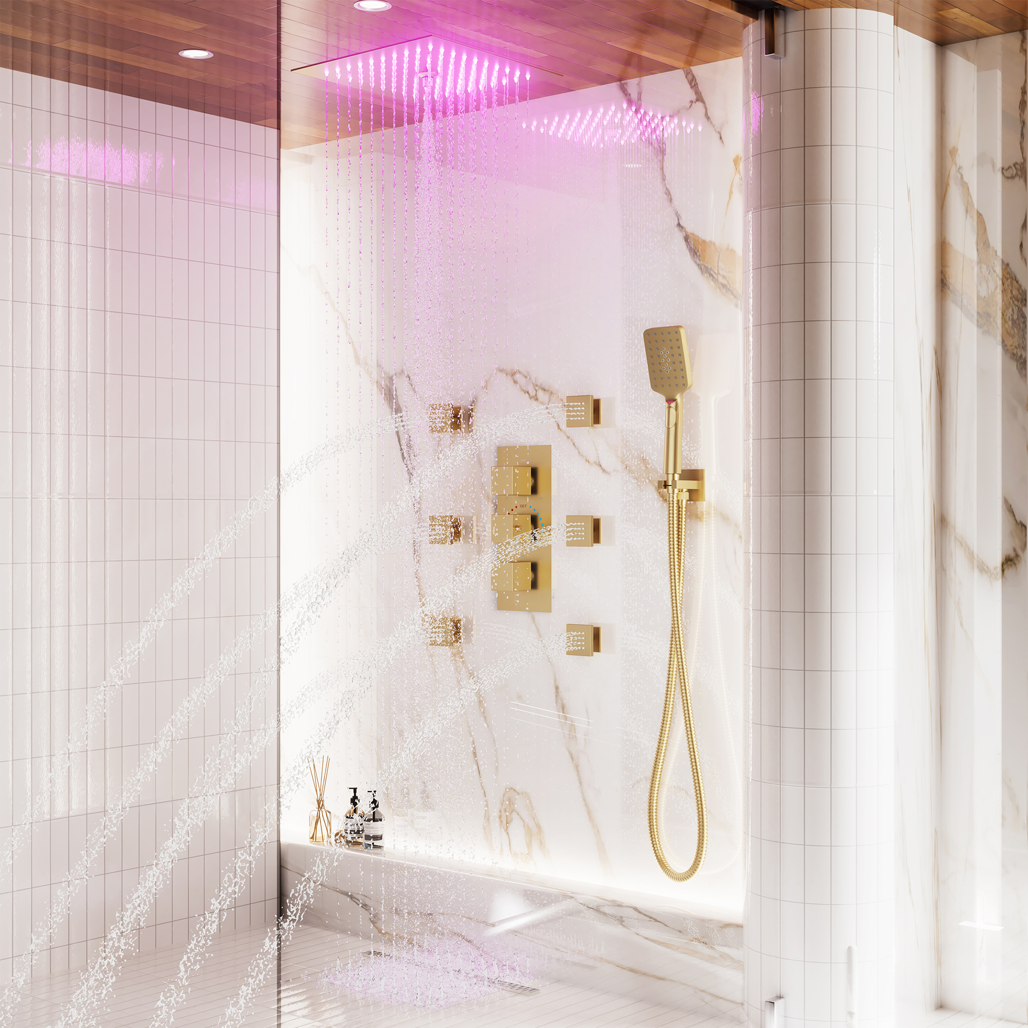 Thermostatic 4-Function LED Luxury Shower System with 12" Rainfall Showerhead