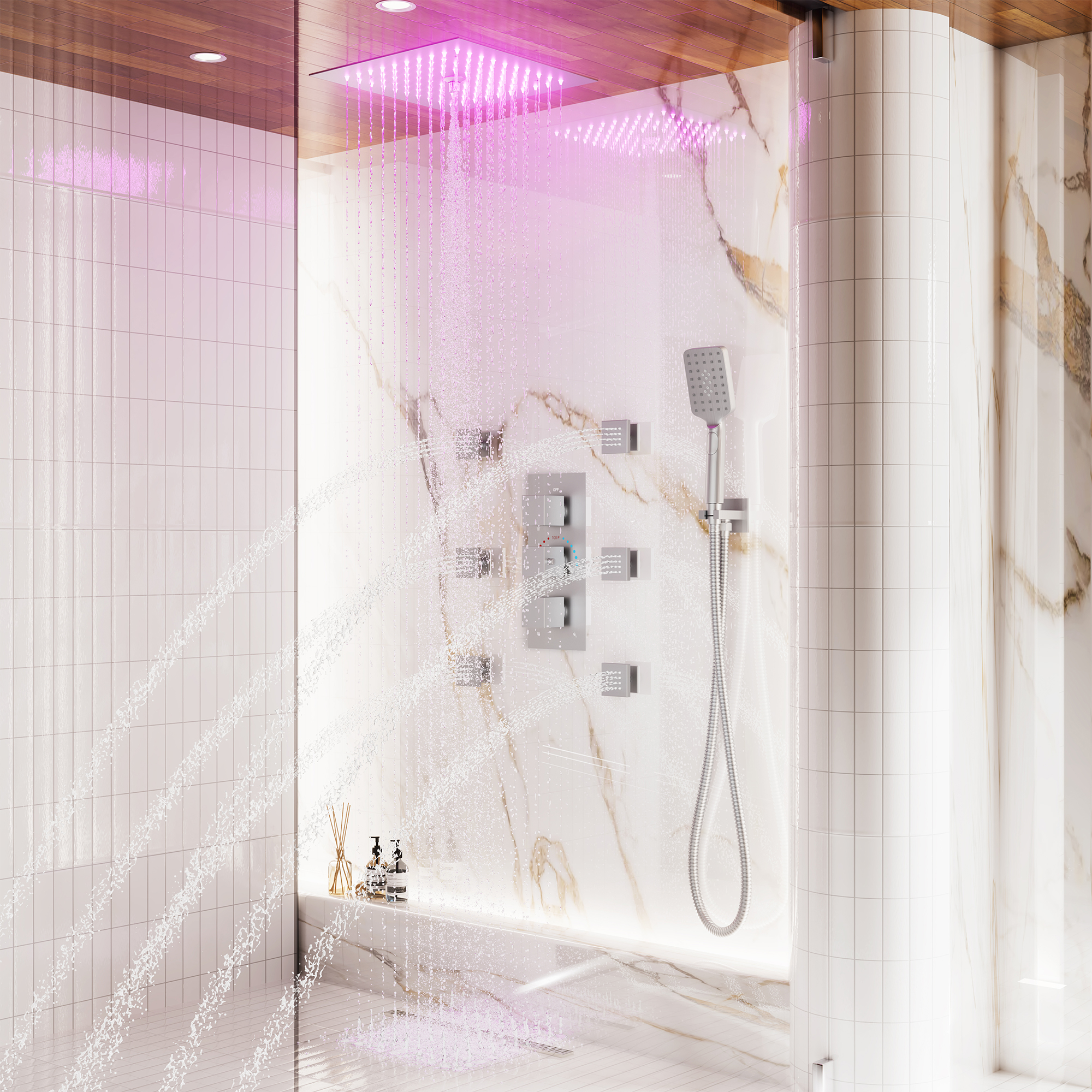 Thermostatic 4-Function LED Luxury Shower System with 12" Rainfall Showerhead