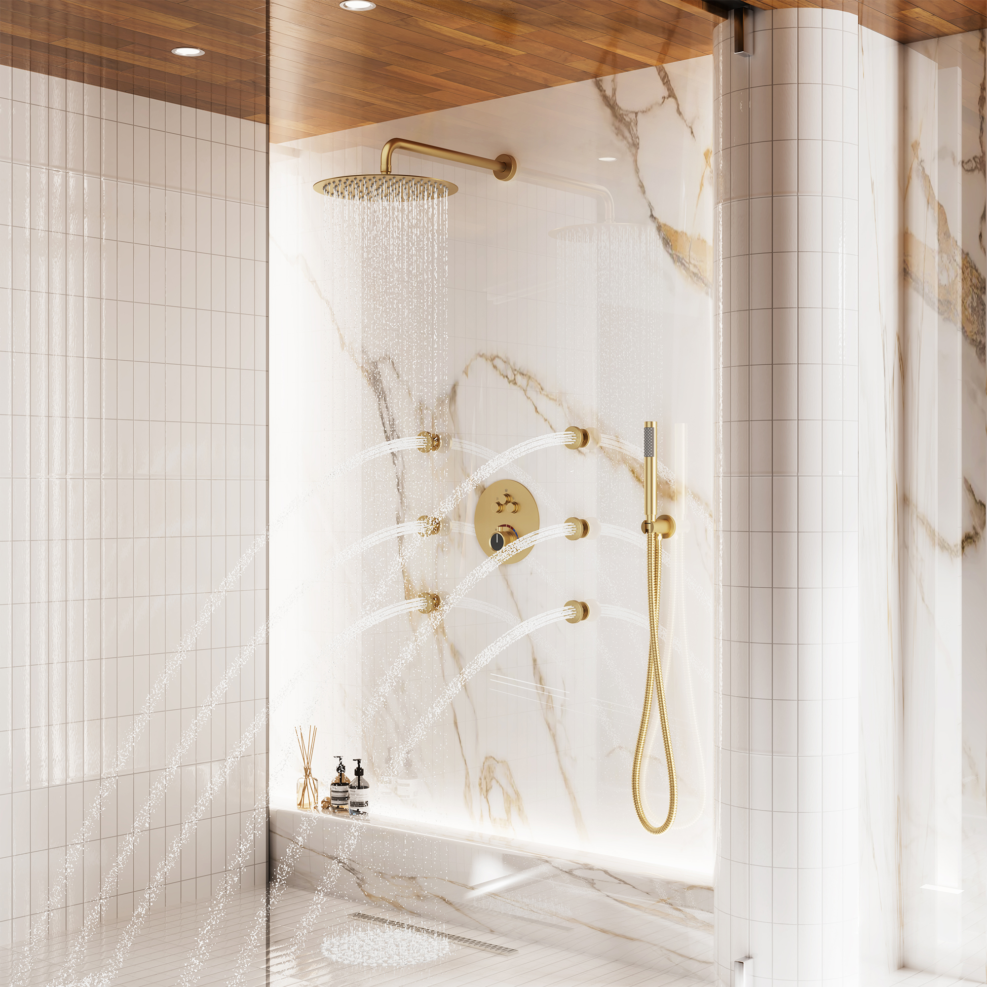 12" Round Rainfall Shower System with 6 Adjustable Body Jets