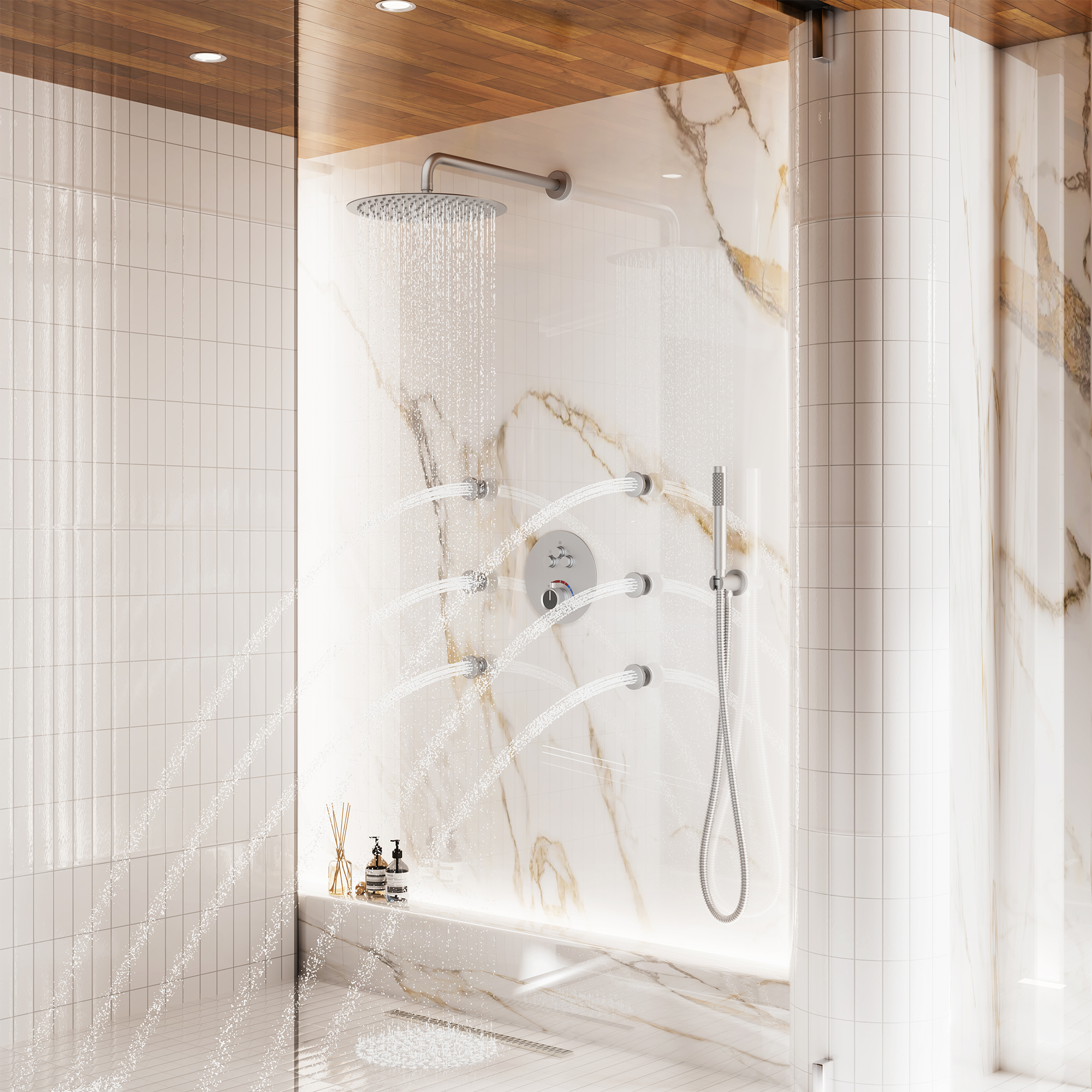 12" Round Rainfall Shower System with 6 Adjustable Body Jets