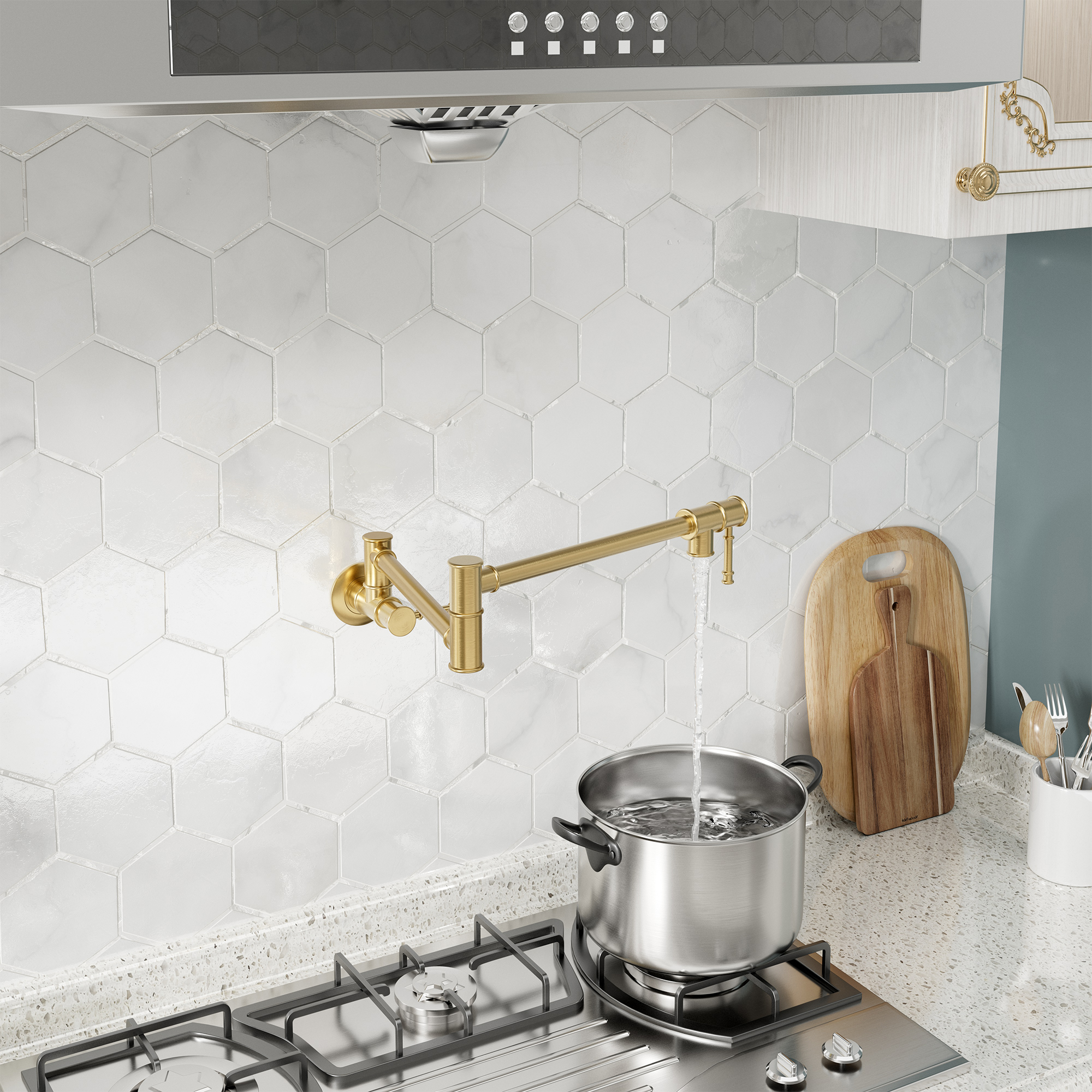 Space-Saving Wall-Mounted Pot Filler with Double Handles and Folding Design