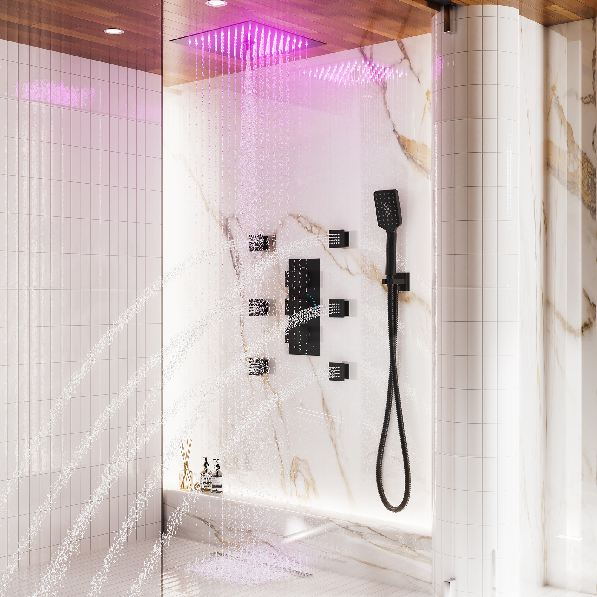 Thermostatic 4-Function LED Luxury Shower System with 12" Rainfall Showerhead