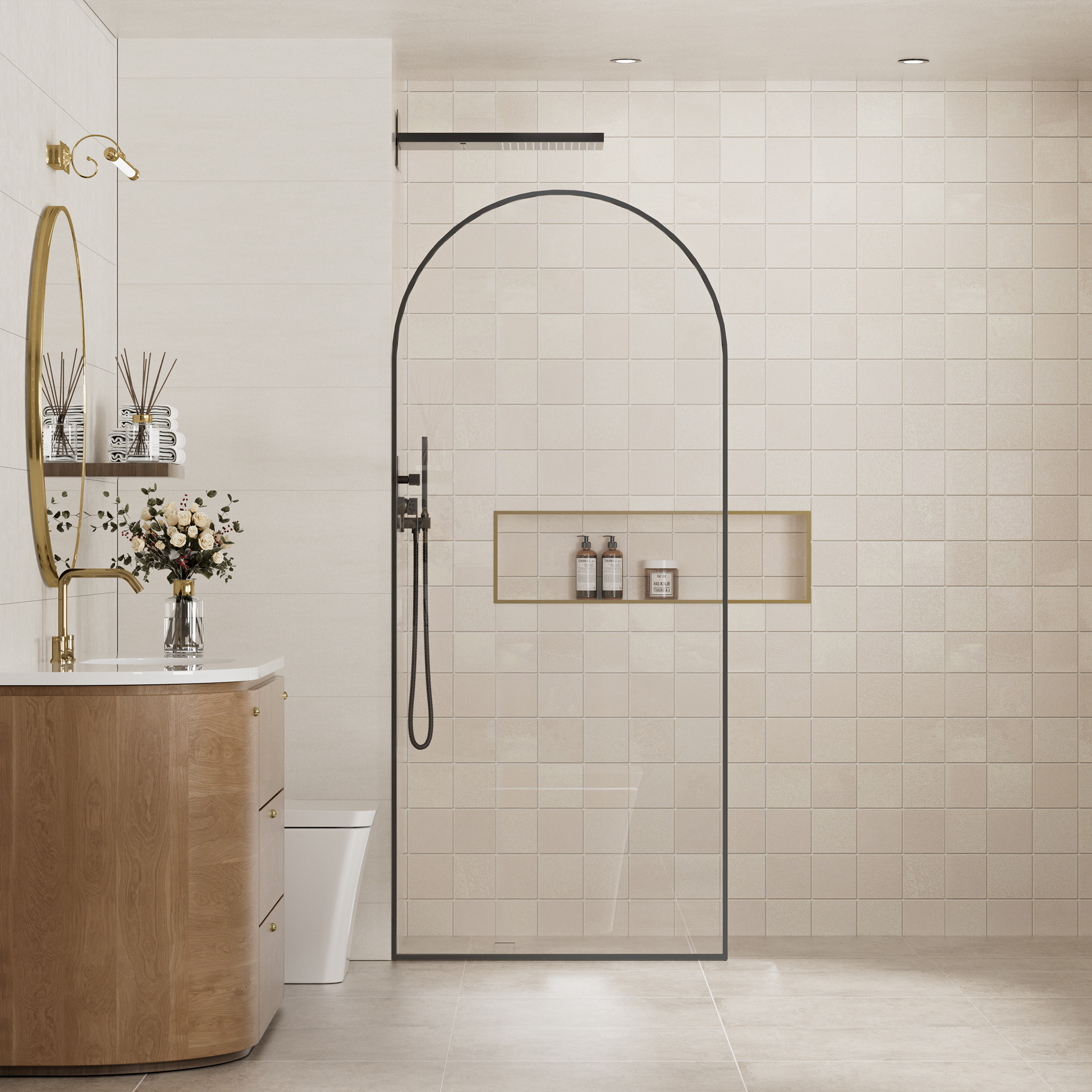 34"x78" Tempered Glass Shower Screen with Integrated Curved Frame