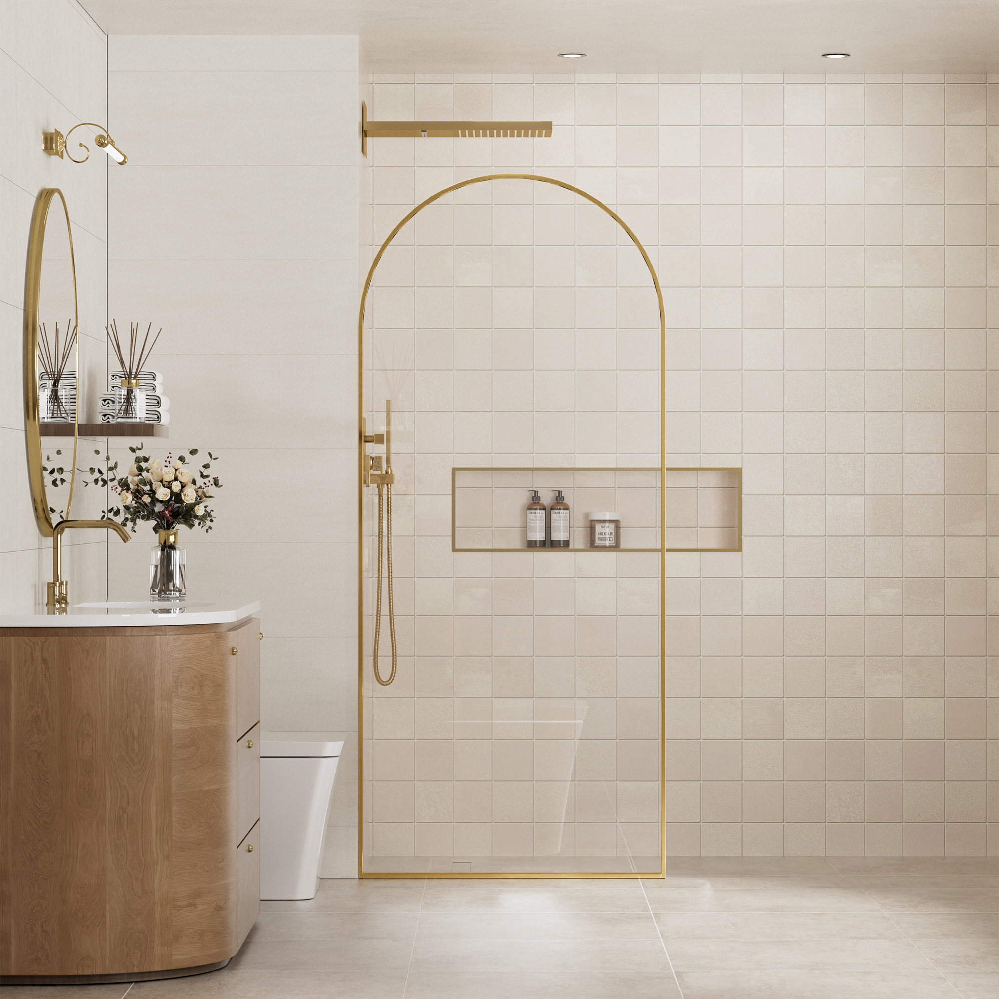 34"x78" Tempered Glass Shower Screen with Integrated Curved Frame