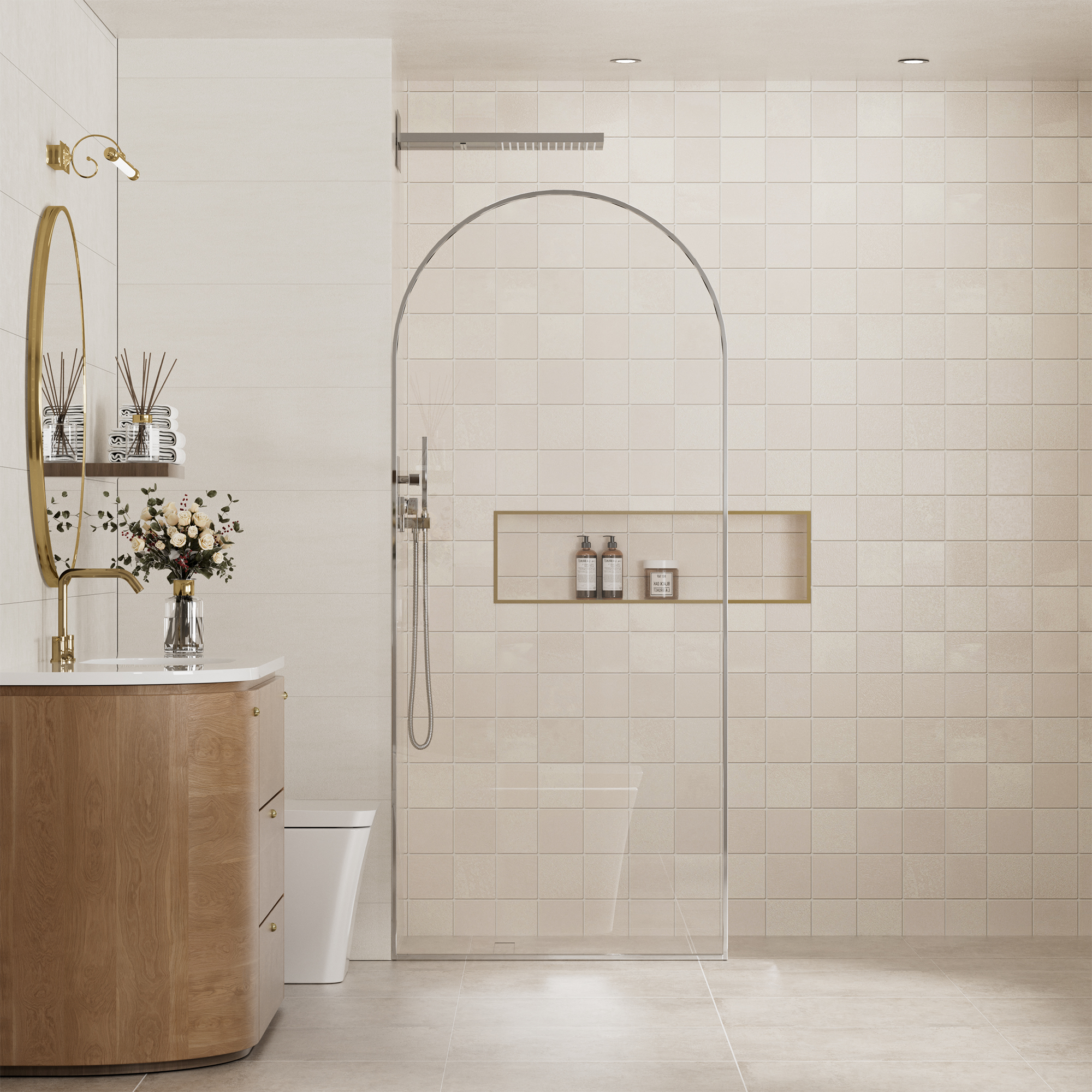 34"x78" Tempered Glass Shower Screen with Integrated Curved Frame