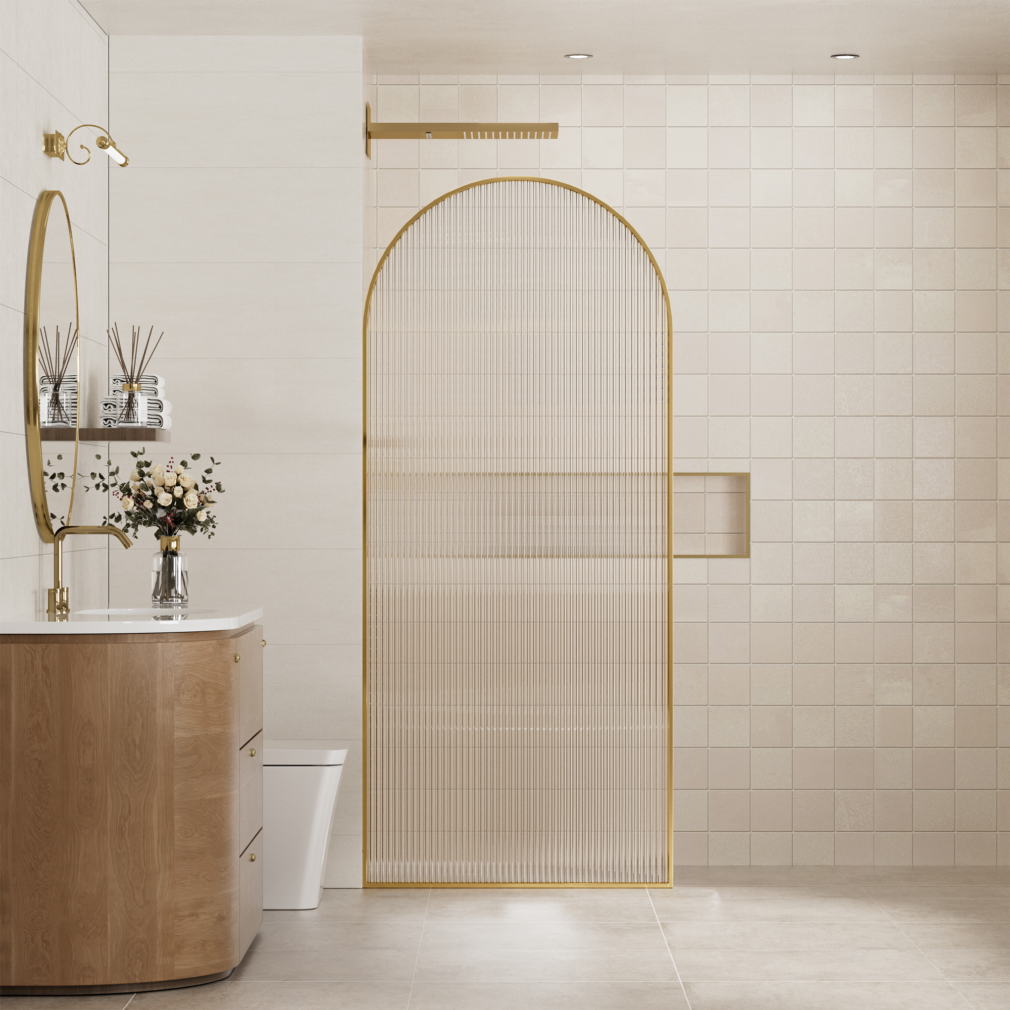 34"x78" Curved Frosted Glass Shower Screen with 10mm SGCC-Certified Tempered Glass