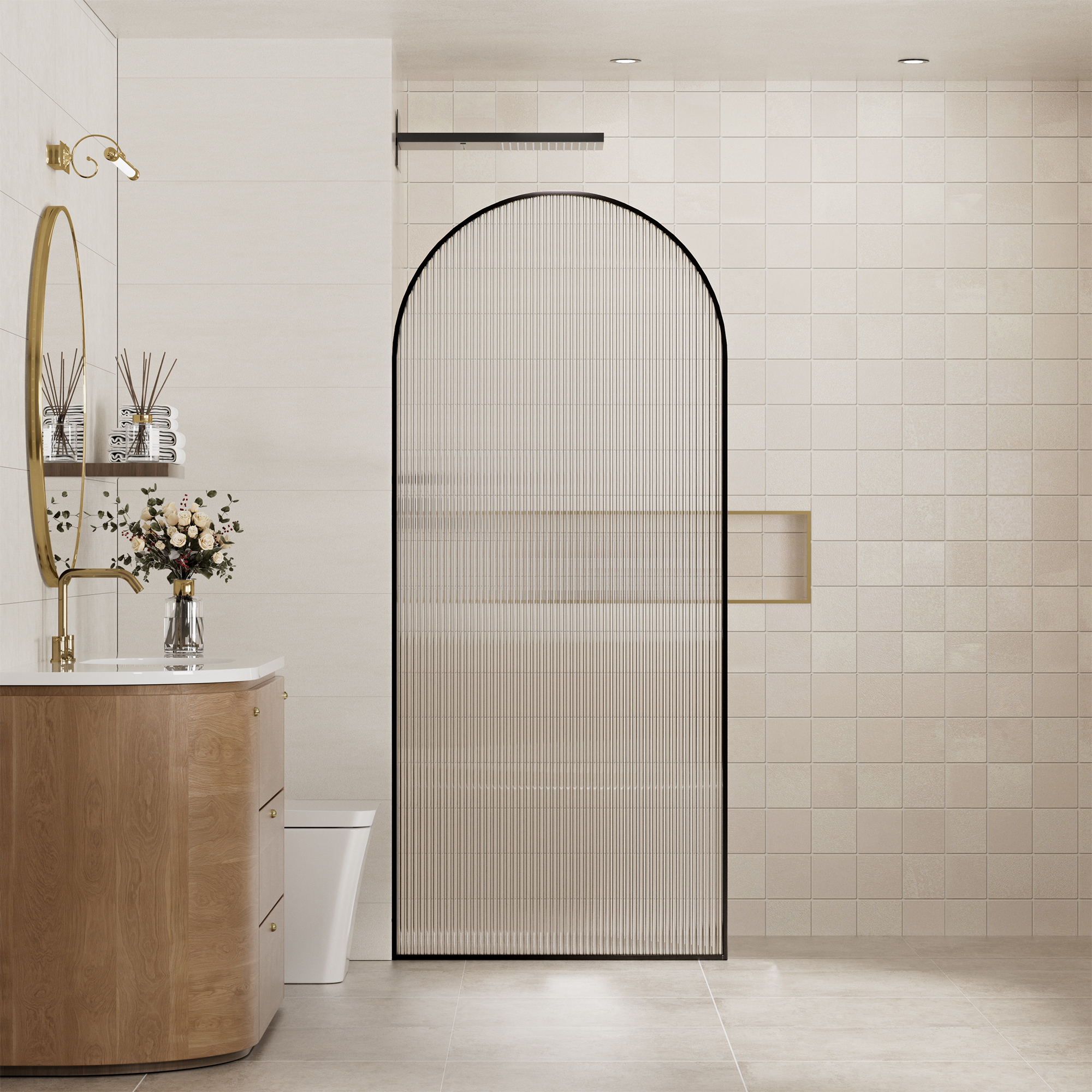 34"x78" Curved Frosted Glass Shower Screen with 10mm SGCC-Certified Tempered Glass