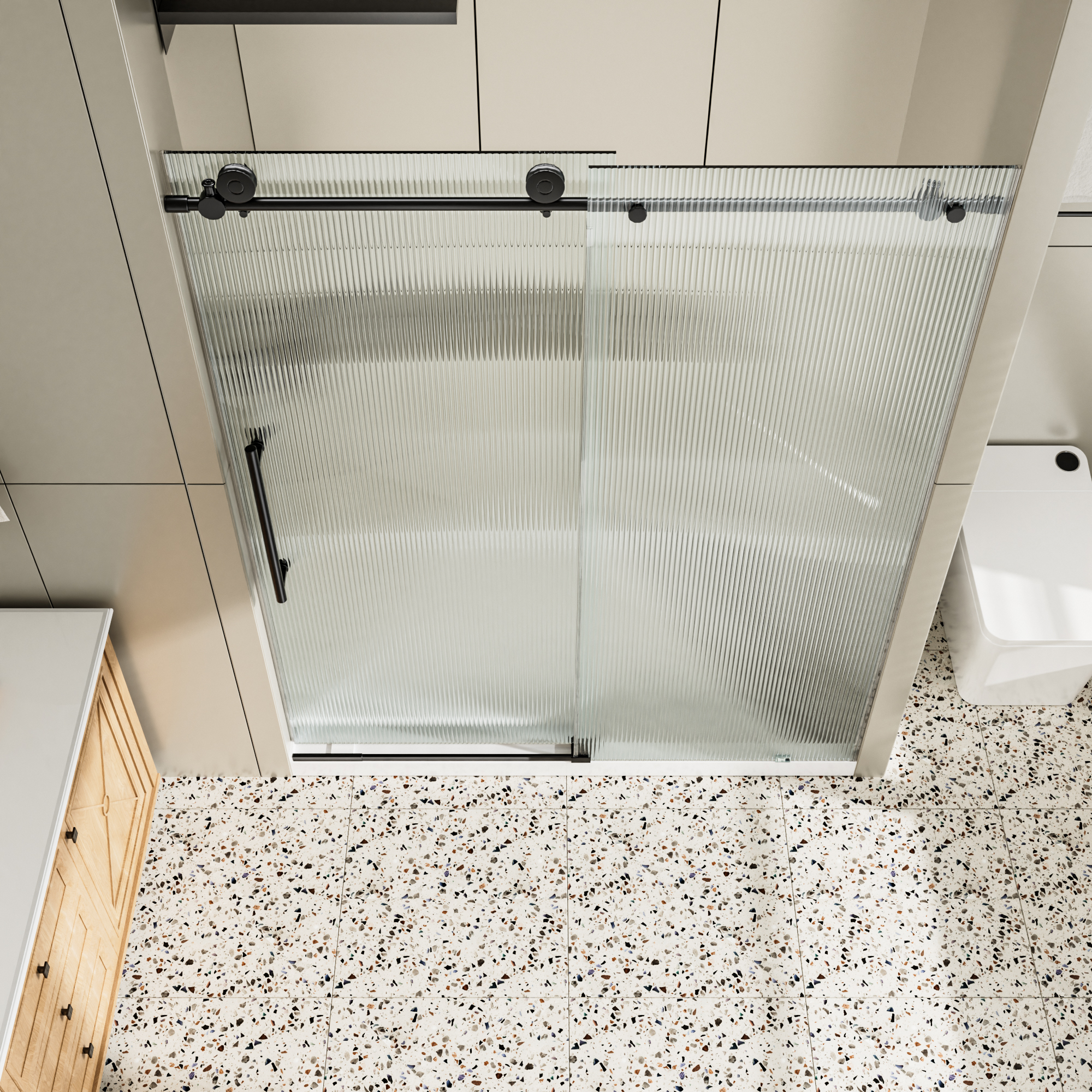 60"x76" Single Sliding Frameless Shower Door with SGCC Certified Fluted Tempered Glass