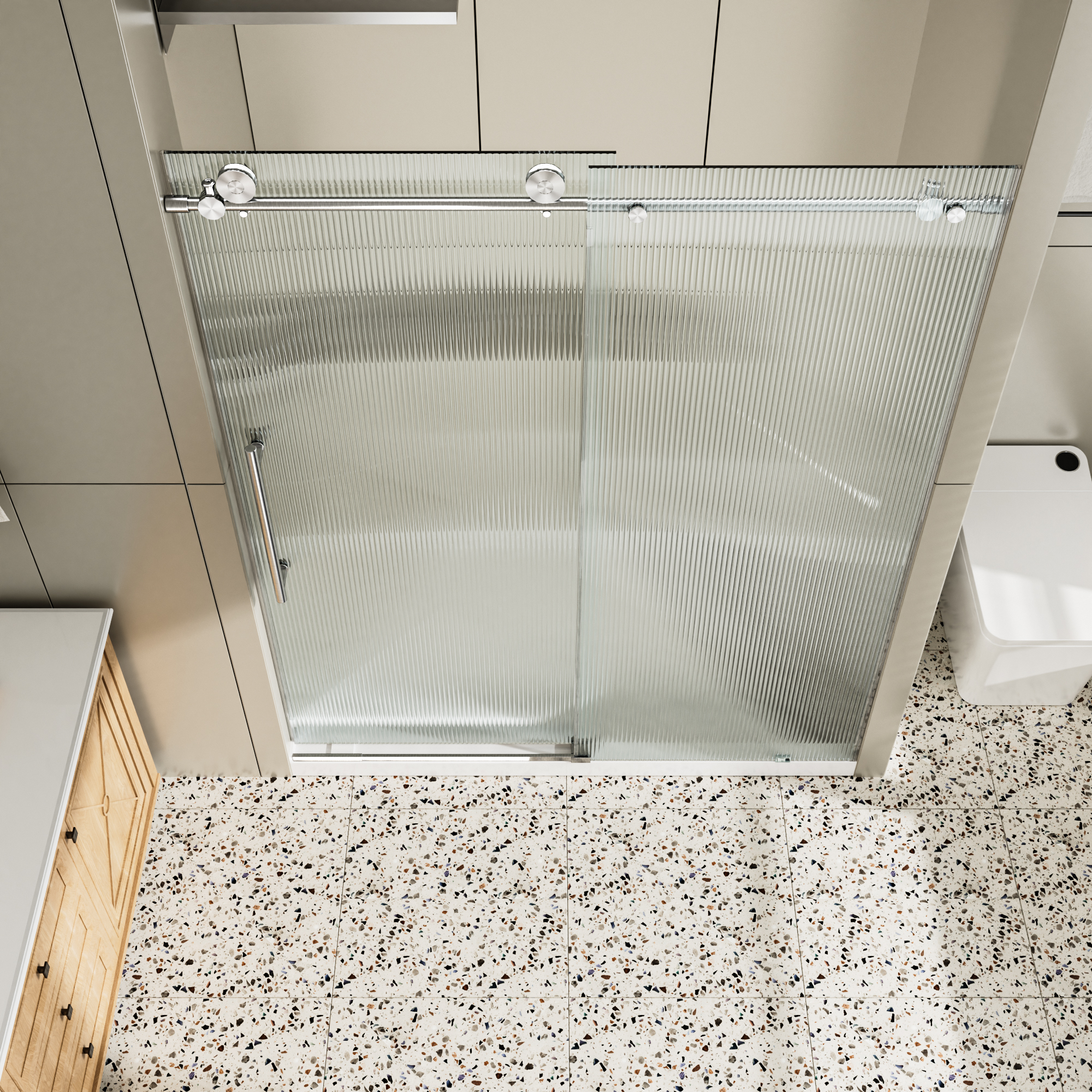 60"x76" Single Sliding Frameless Shower Door with SGCC Certified Fluted Tempered Glass