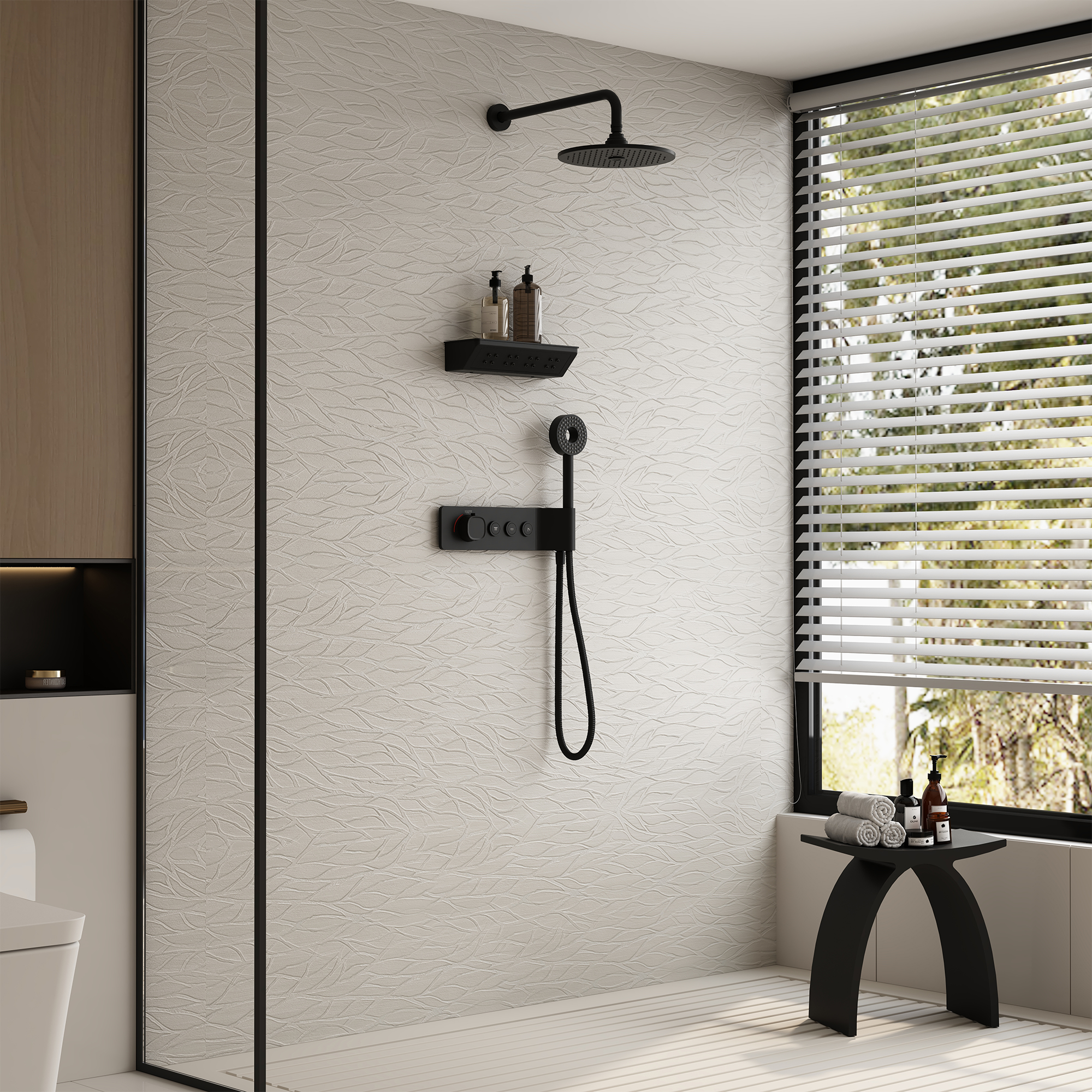 10-inch 3-Function Thermostatic Shower System with Neck Massage Jet