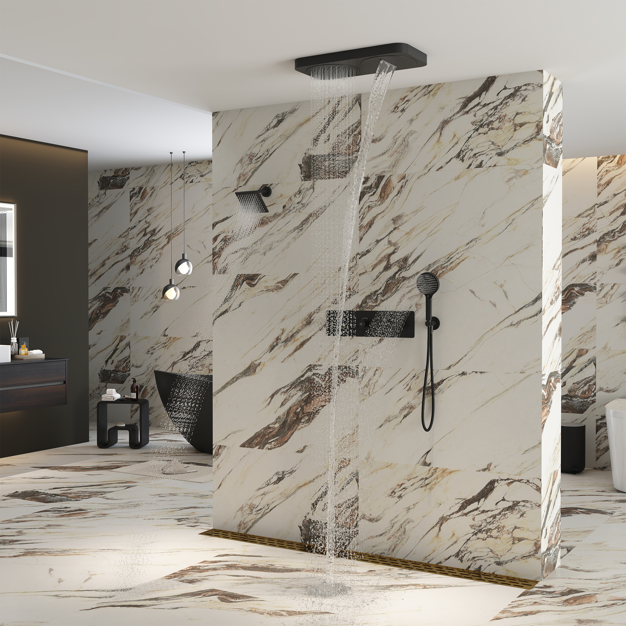 22.56" x 11.22" Flush-Mounted 4-Function Thermostatic Dual Shower Head System