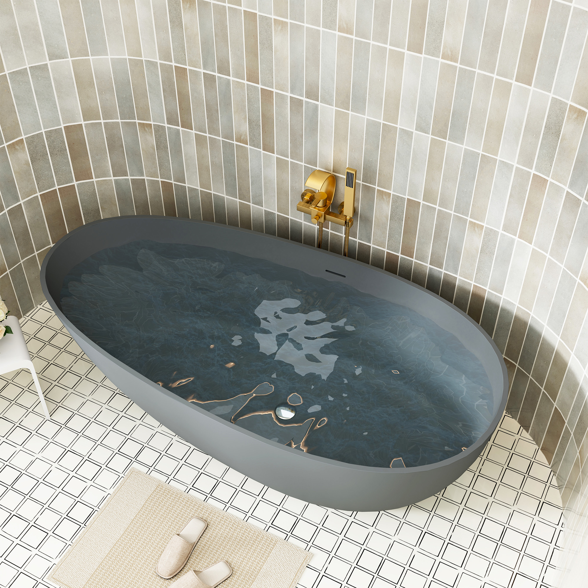 59" Non-porous Egg Shell Stone Resin Freestanding Soaking Tub Matte Black, Matte Grey - Egg Harbor