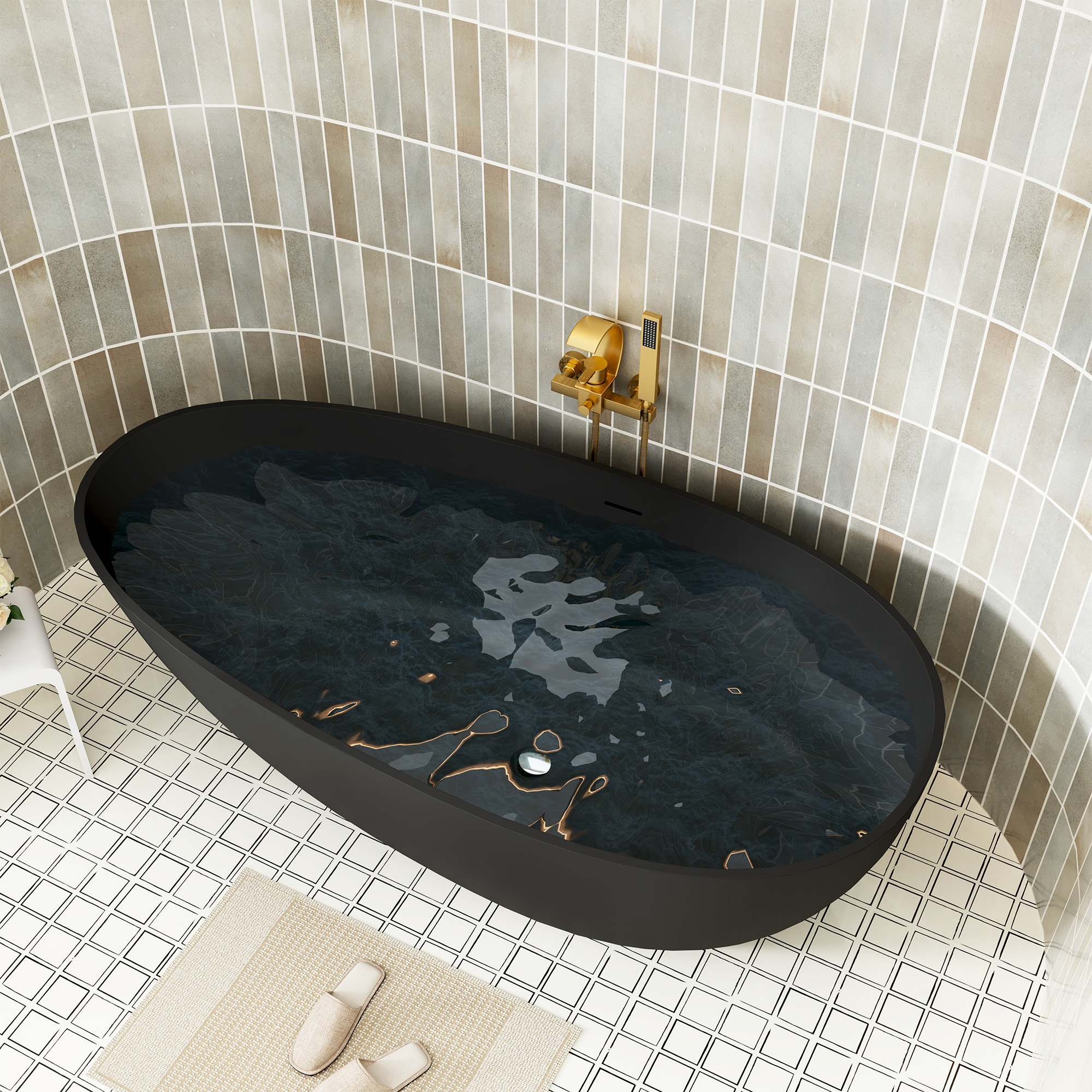 59" Non-porous Egg Shell Stone Resin Freestanding Soaking Tub Matte Black, Matte Grey - Egg Harbor