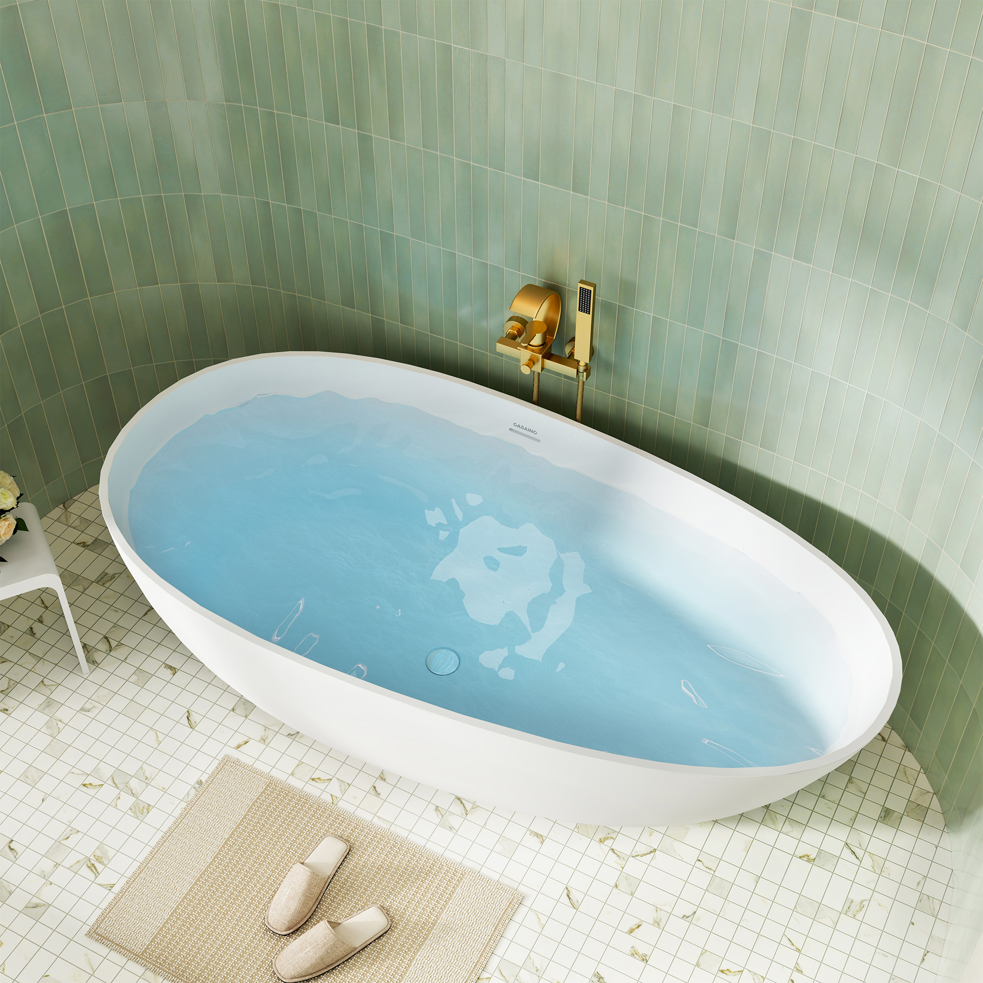 59/63/67/71" Matte White Egg Shell Stone Resin Freestanding Tub with Overflow and Drain - Egg Harbor