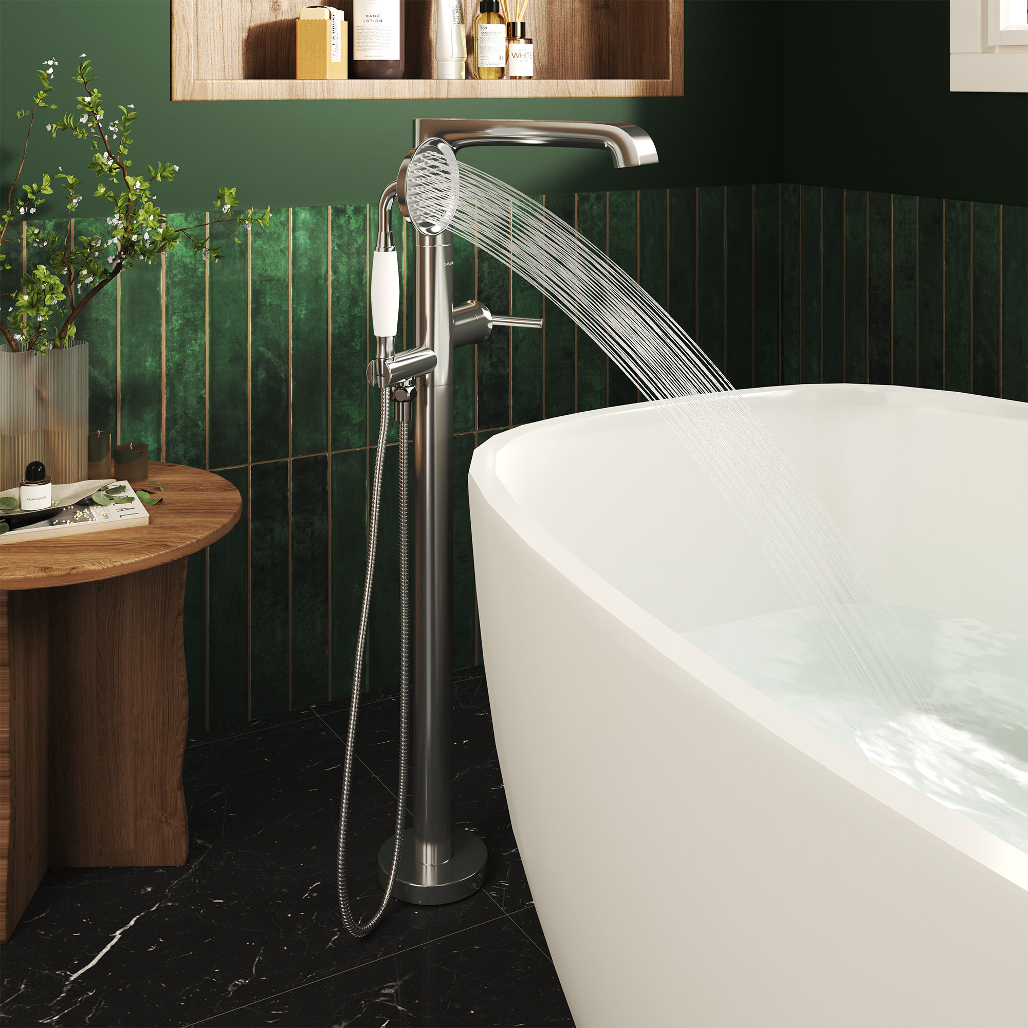 Polished Nickel Freestanding Floor Mount Bathtub Faucet with Hand Shower - HEXAGON