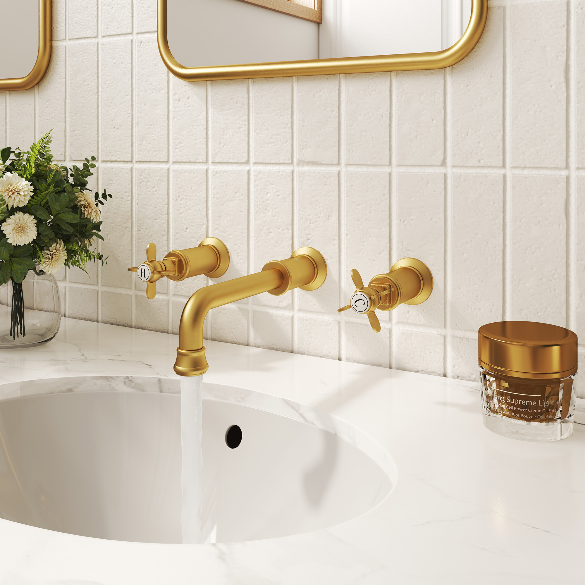 Cross Handles Brushed Gold Wall Mounted Bathroom Faucet – DANUBE