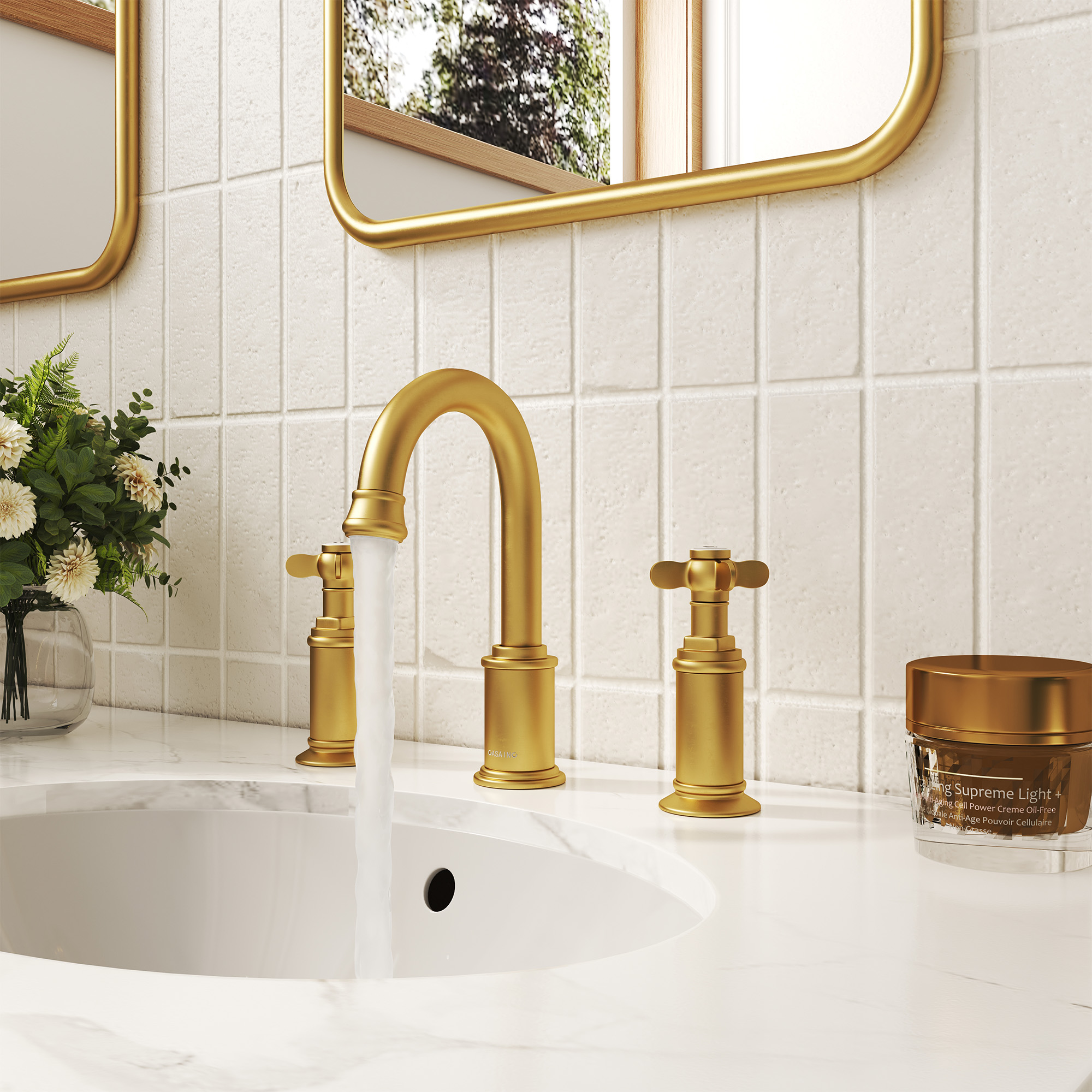 Cross Handles Brushed Gold Widespread Bathroom Faucet - DANUBE