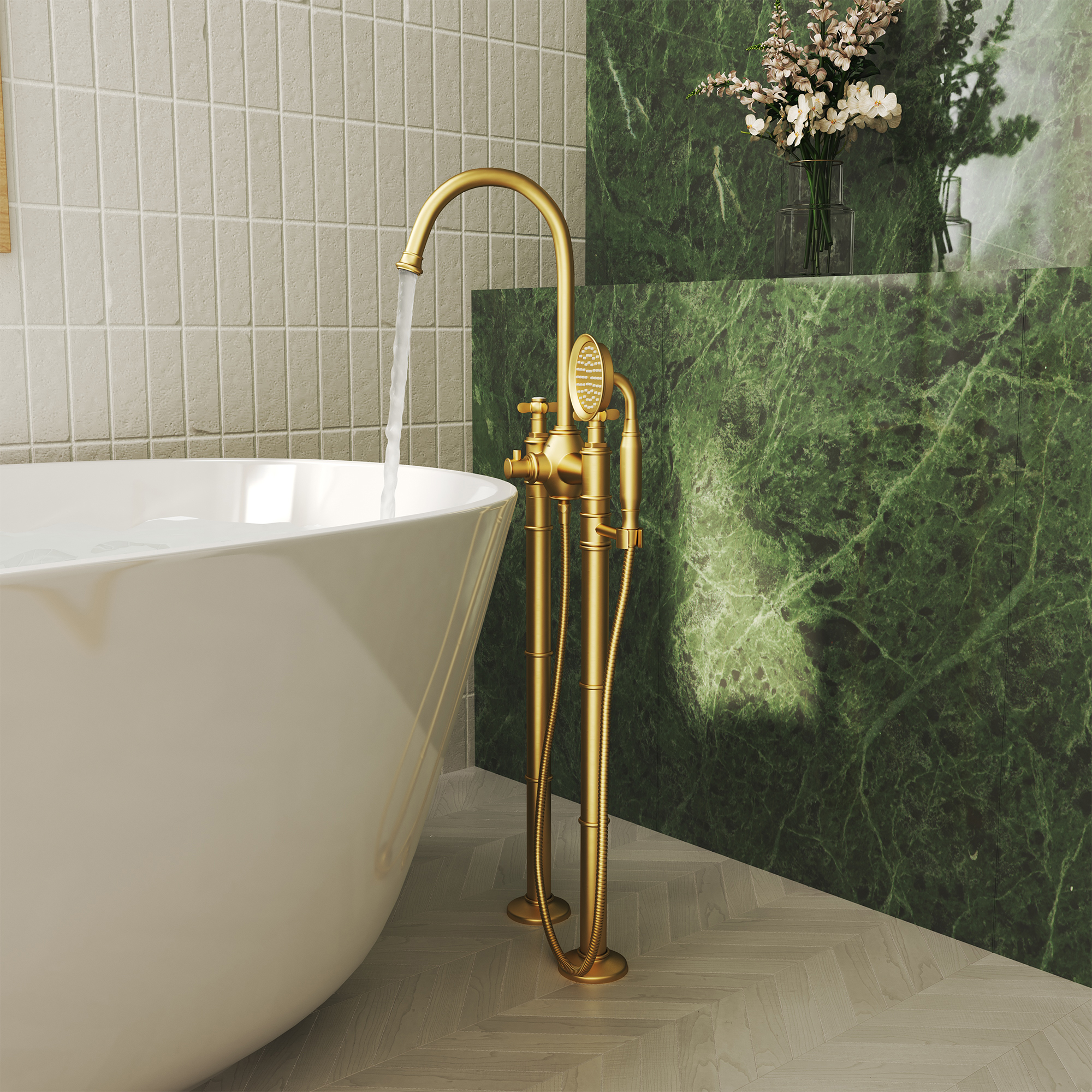 Brushed Gold Freestanding Bathtub Faucet with Hand Shower - DANUBE