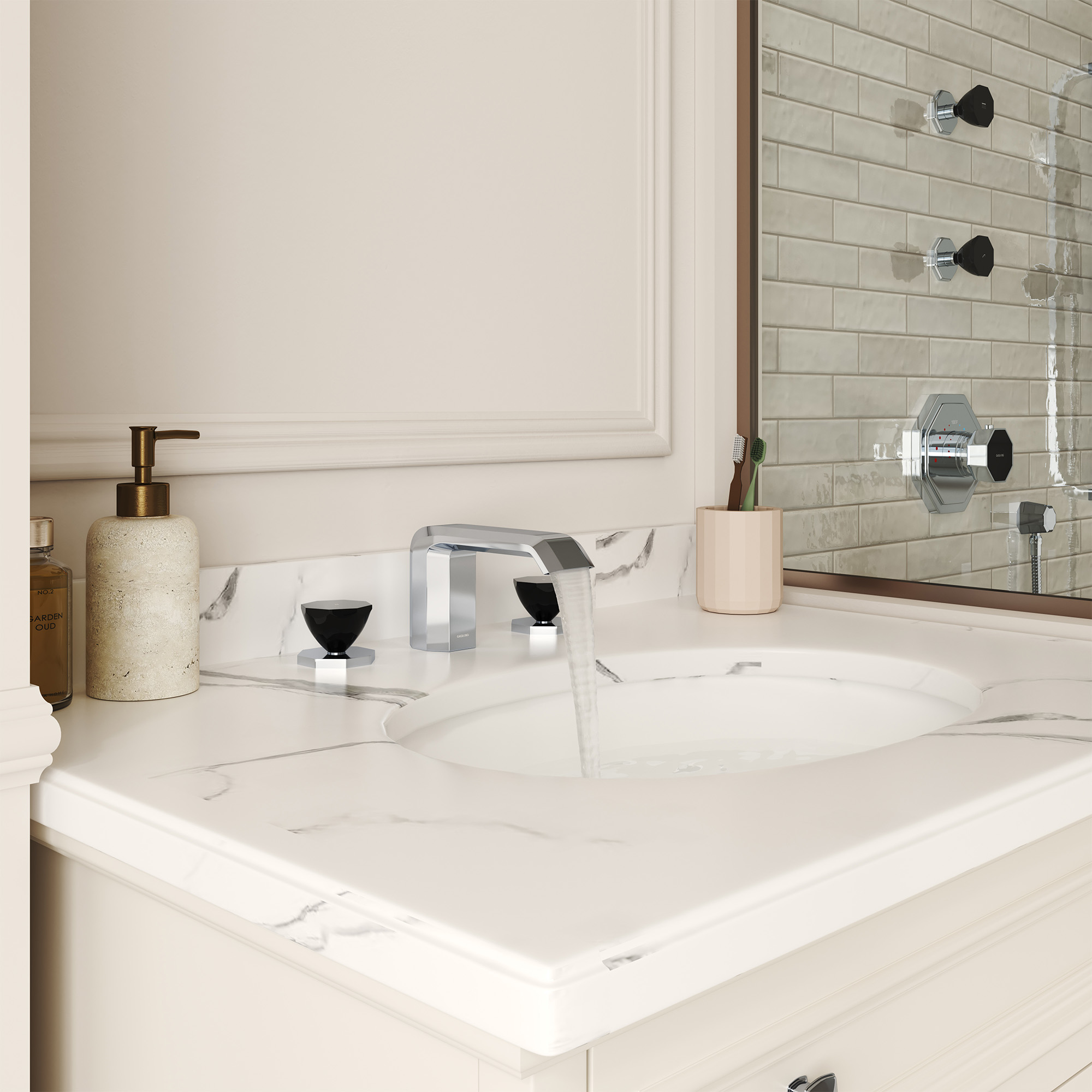 Chrome Widespread Bathroom Faucet with Black PVD Octagonal Handles - OCTAGON