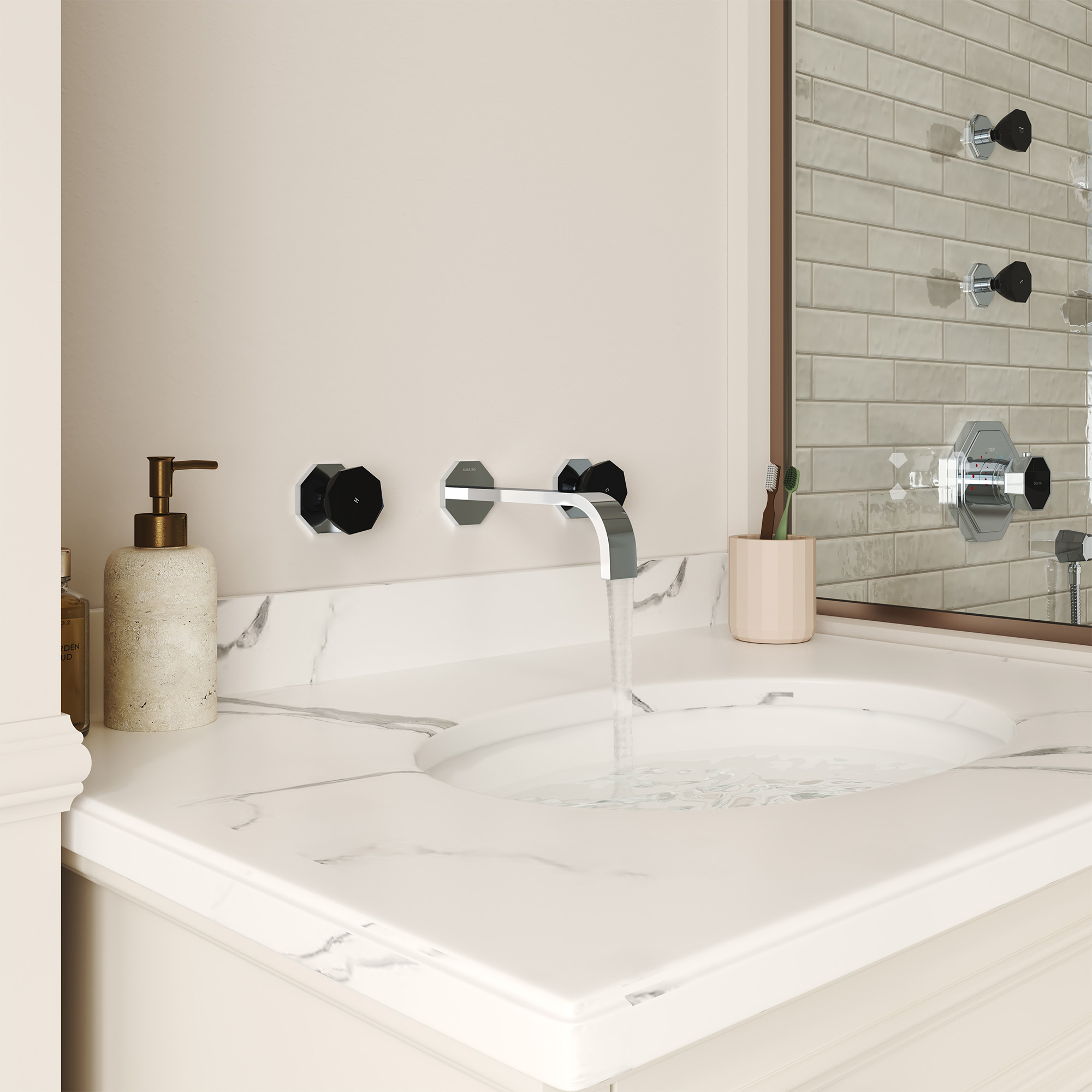 Chrome Wall-Mounted Bathroom Faucet with Black PVD Octagonal Handles - OCTAGON