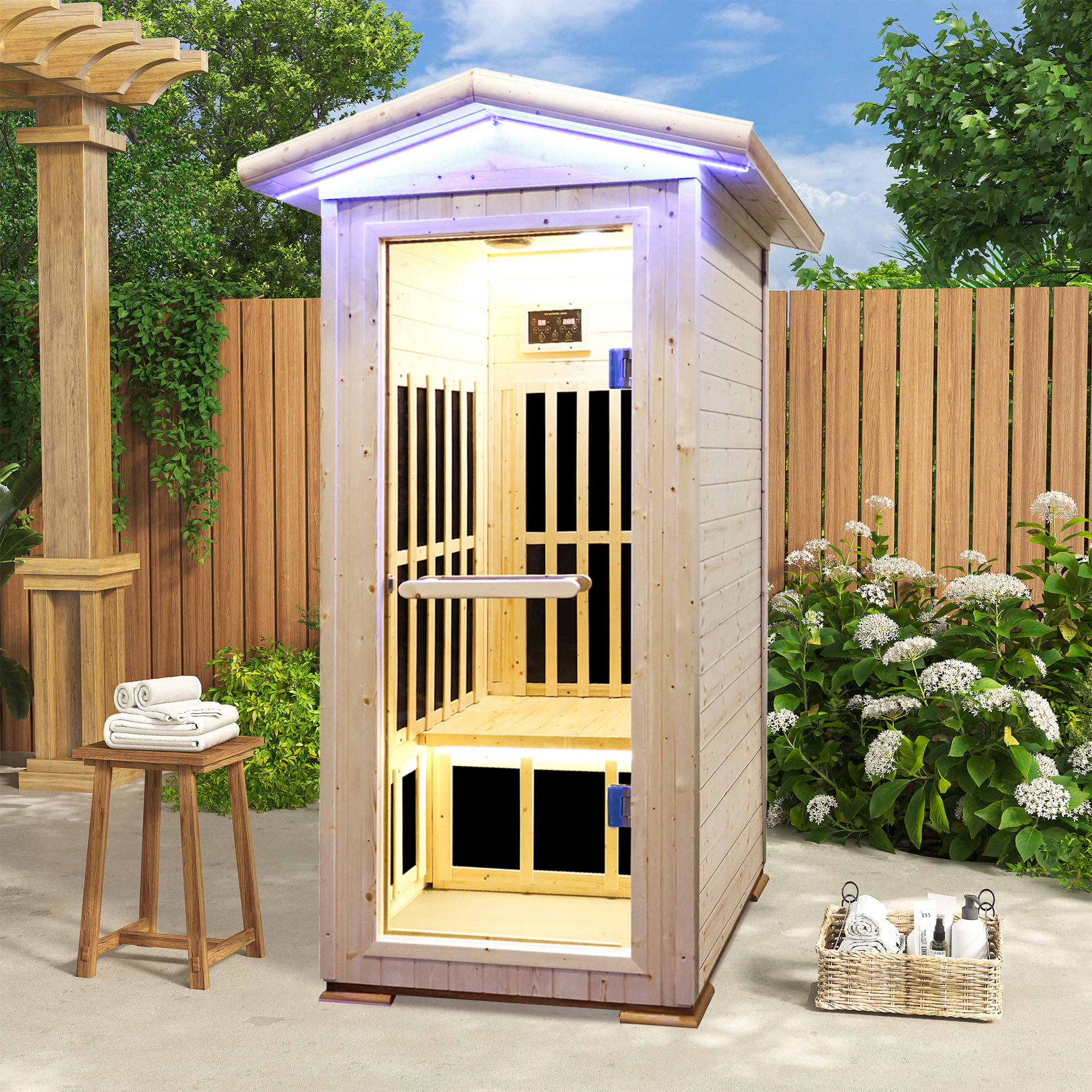 1-Person Spruce Outdoor Infrared Sauna with Bluetooth & Ambient Lighting