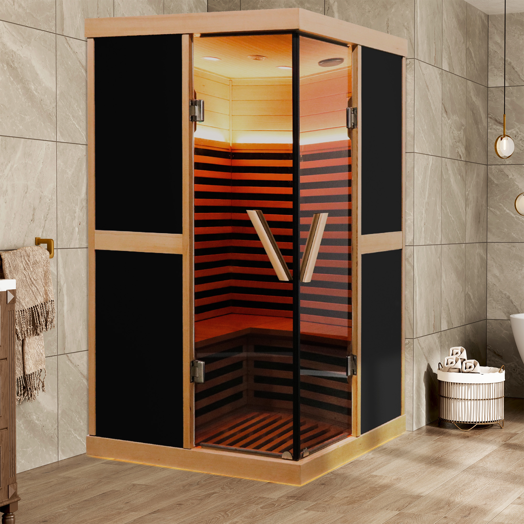 Hemlock Wood Double Person V-Shaped Infrared Sauna with Dual Glass Doors
