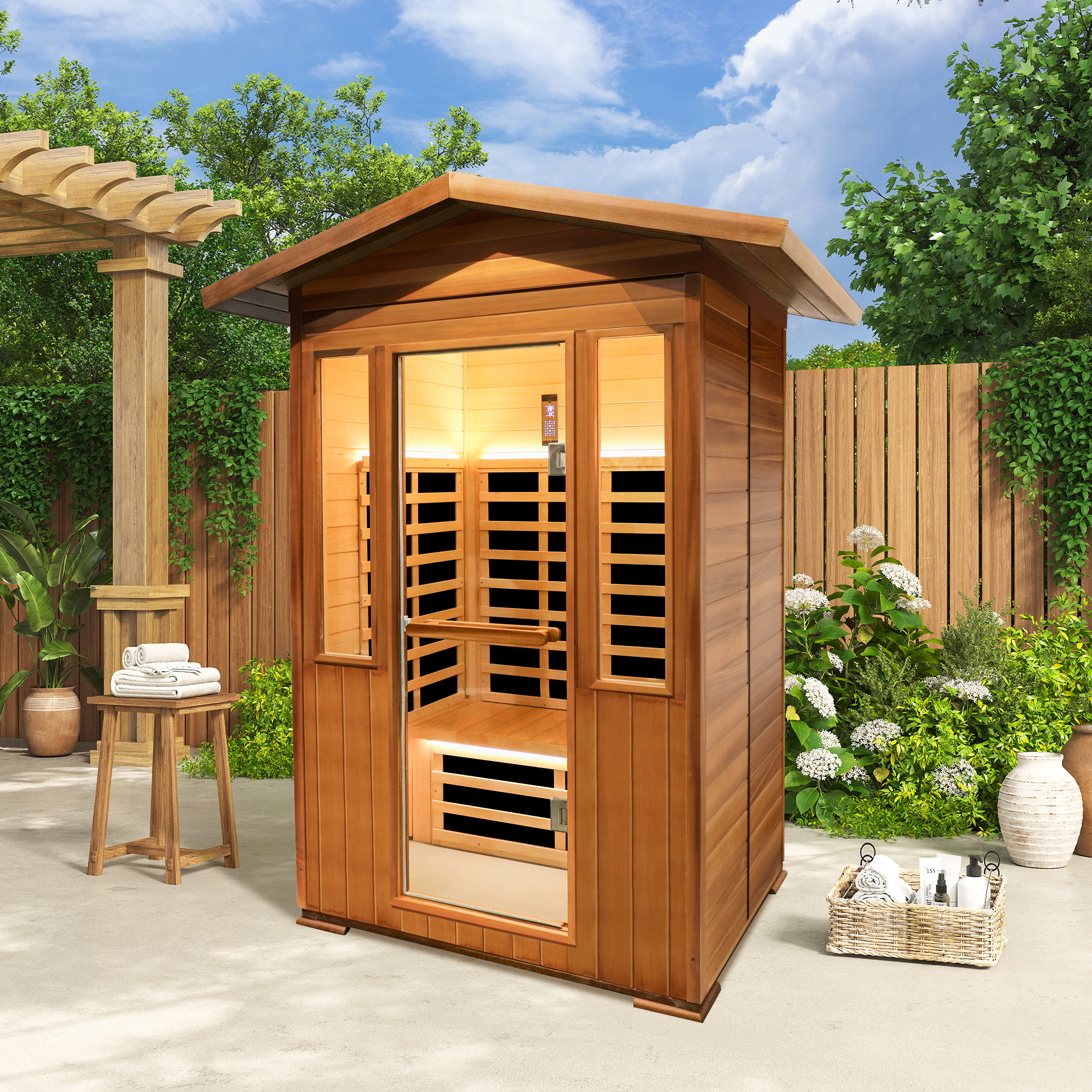 Peak Roof Outdoor Red Cedar Infrared Sauna with Bluetooth & Lighting