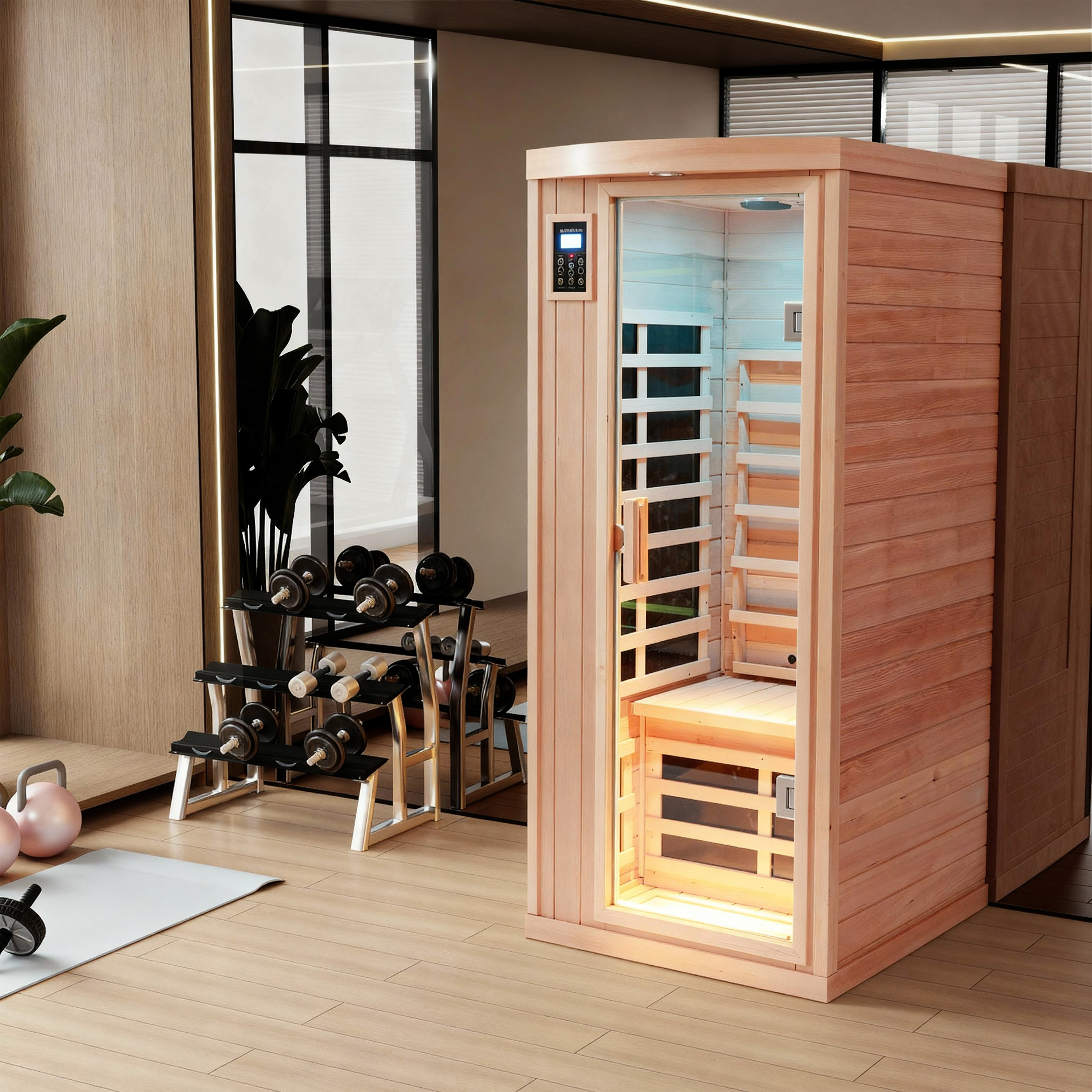 1-Person Low-EMF Hemlock Infrared Sauna with Bluetooth & Lights