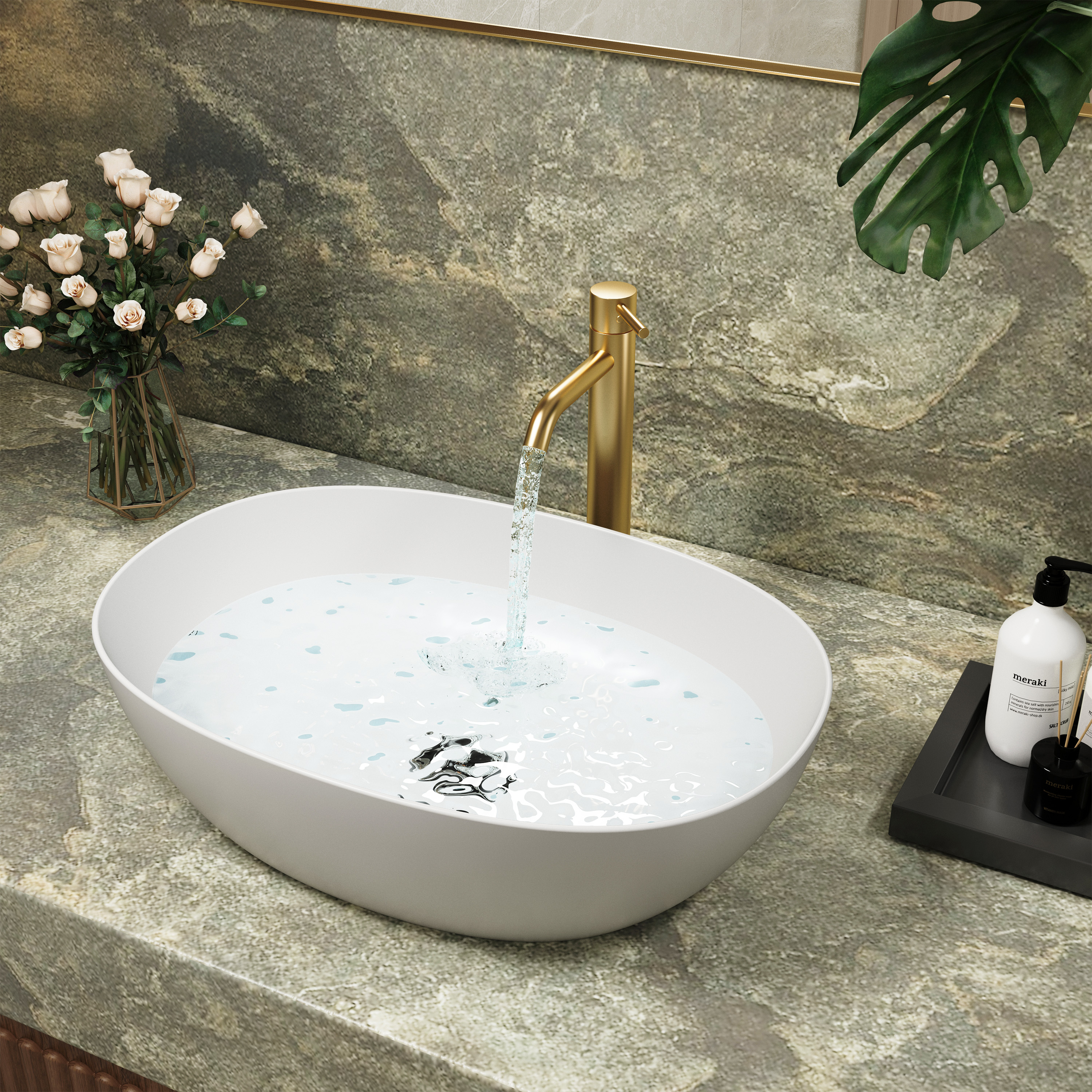22" Oval Solid Surface Bathroom Vessel Sink in Matte White