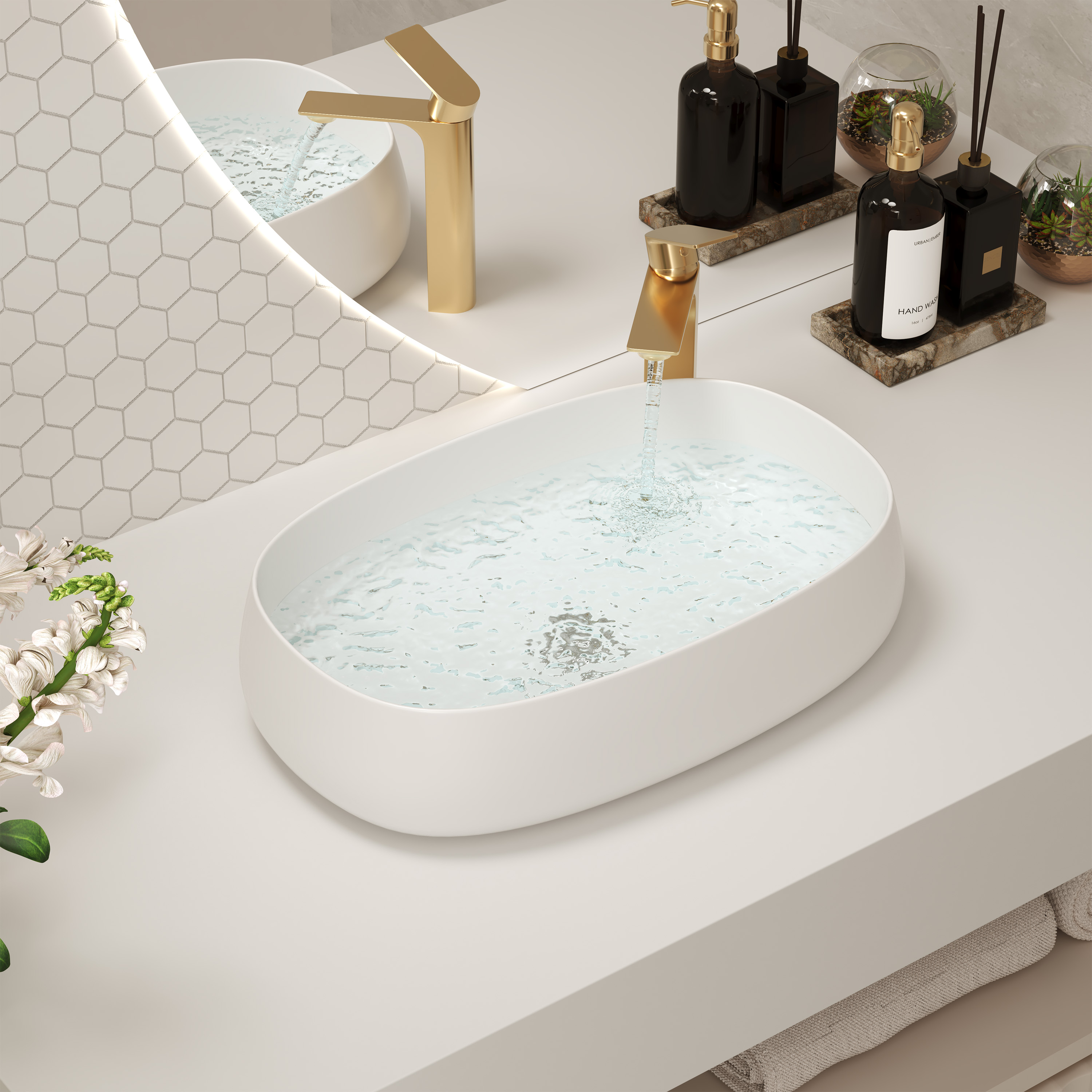 23" Oval Shape Solid Surface Bathroom Sink in Matte White