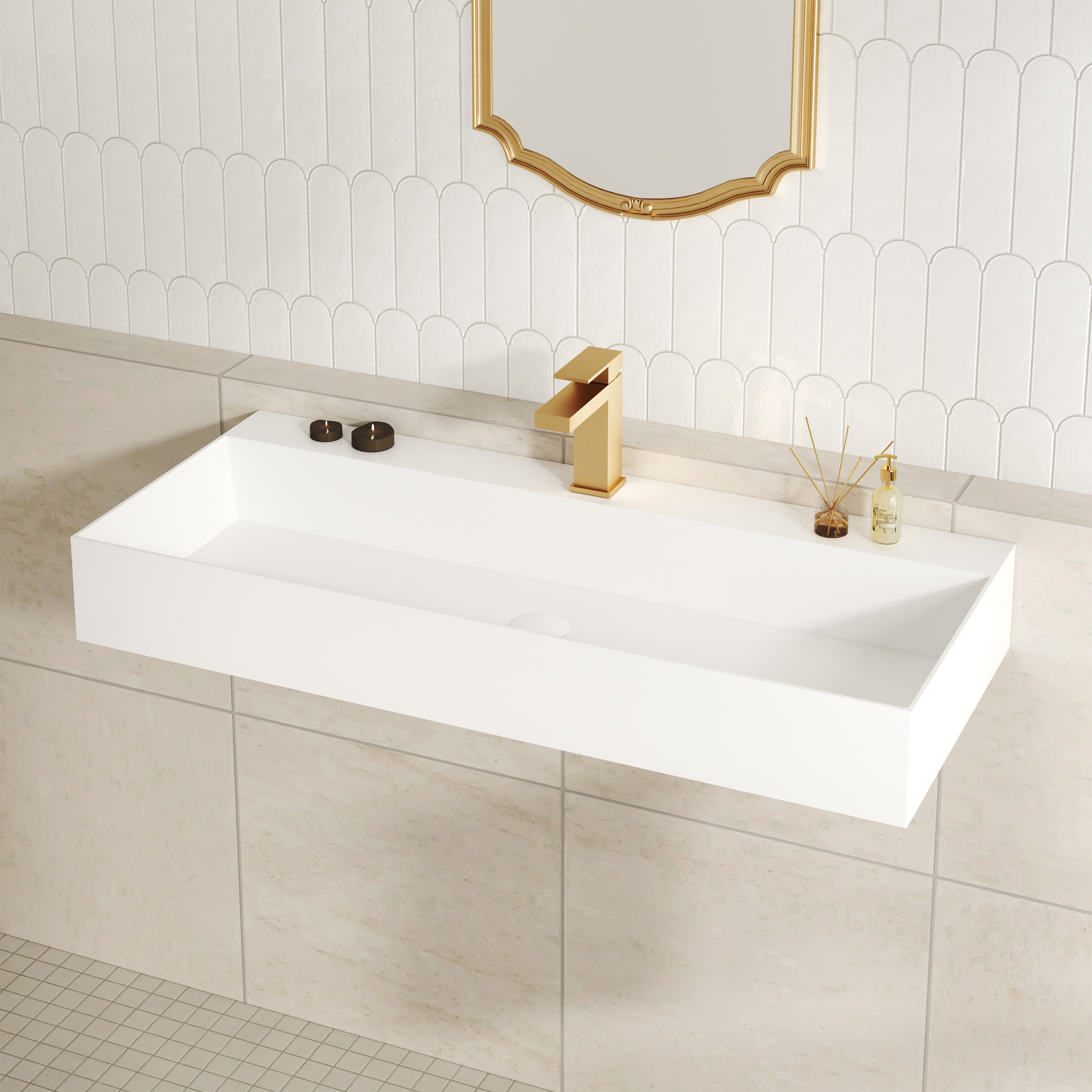 30"/42" Solid Surface Sink Wall Mount Stone Resin Bathroom Sink