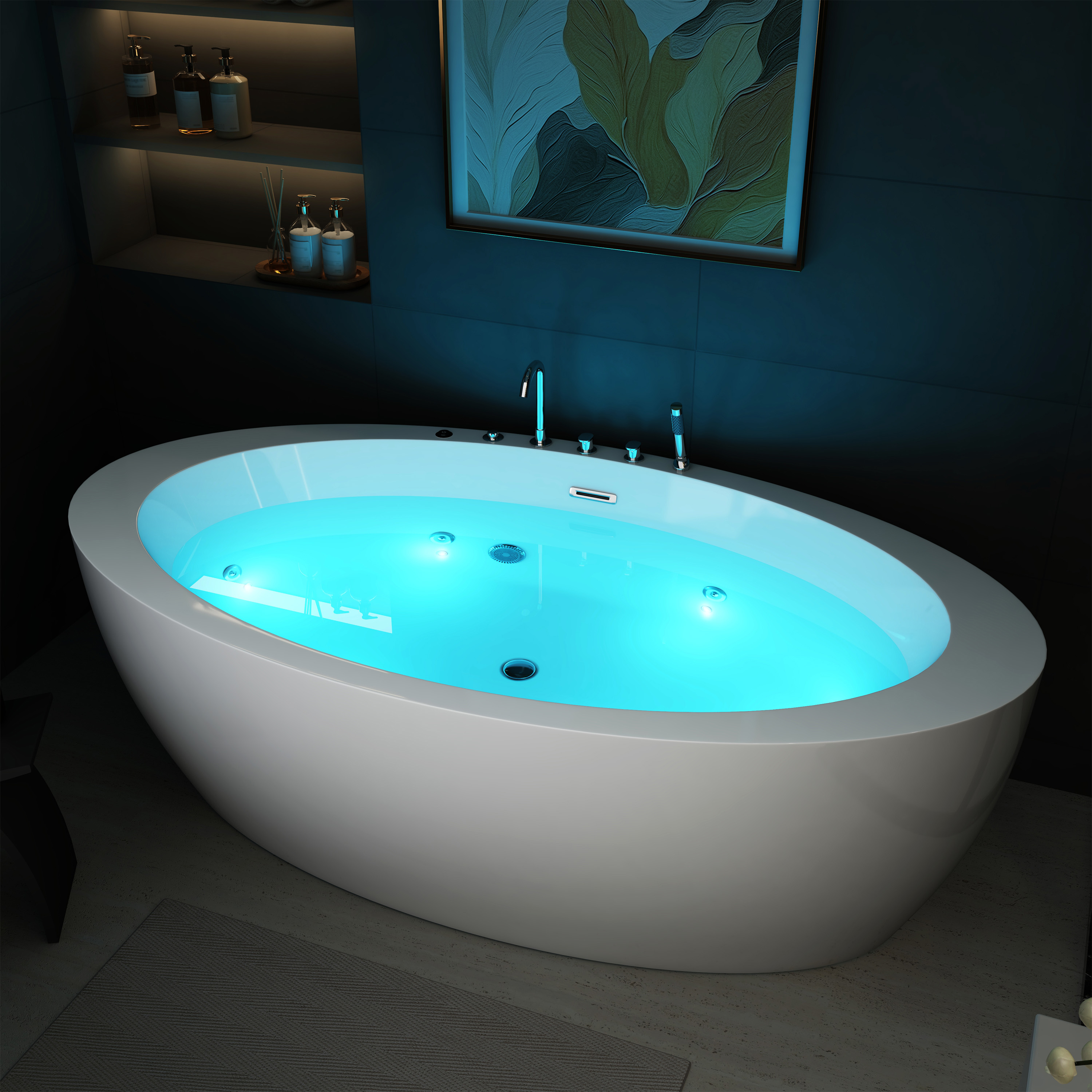 71" Minimalist Massage Freestanding Bathtub with LED Mood Light & Ergonomic Deep Soak
